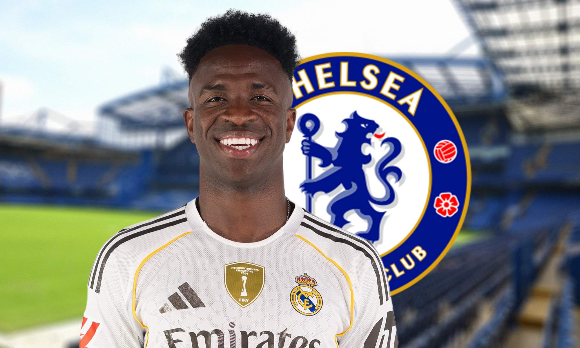 Vinícius Júnior jugando un partido con el Real Madrid y el escudo del Chelsea.