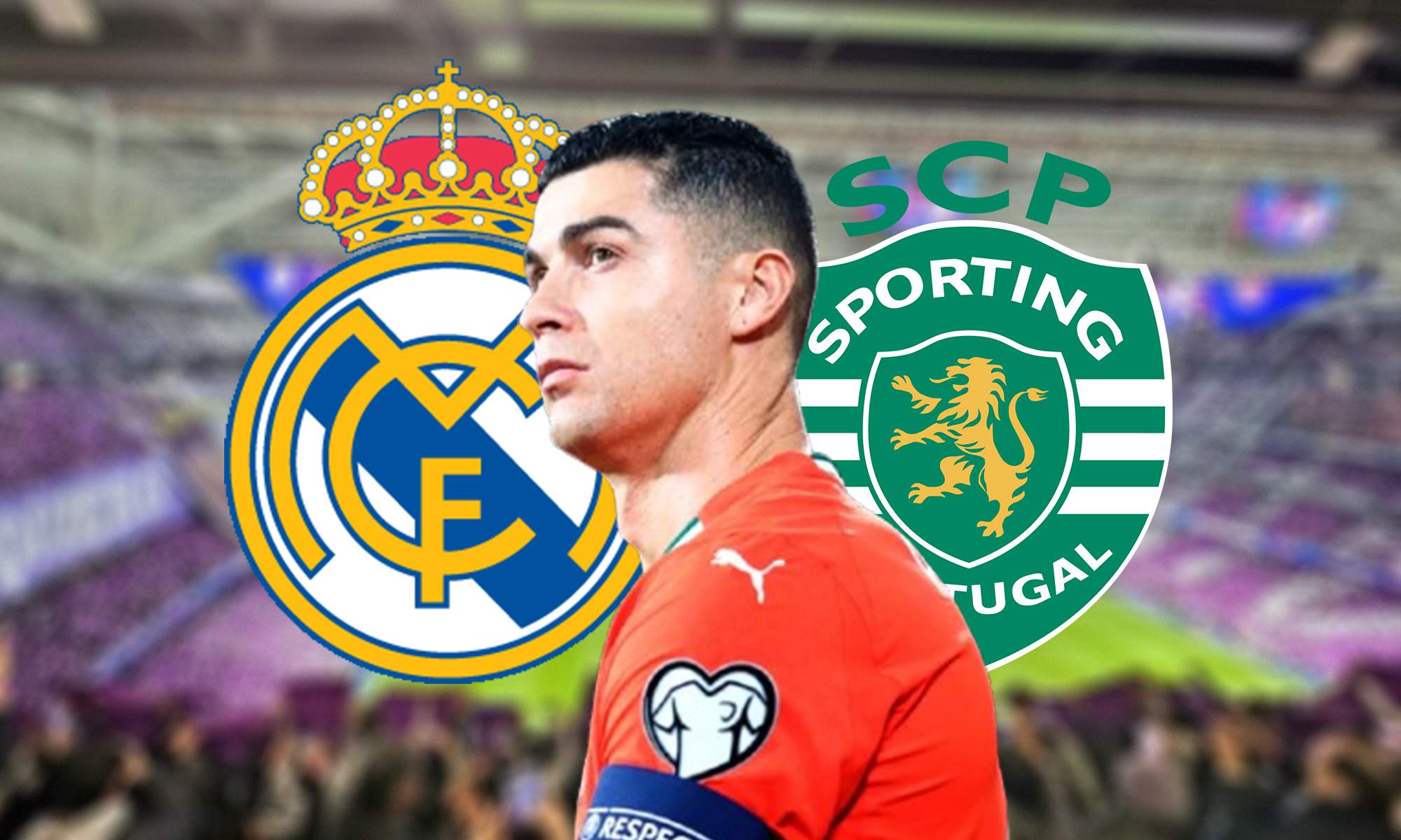 Cristiano Ronaldo, escudos del Real Madrid y Sporting de Lisboa, y el Santiago Bernabéu.