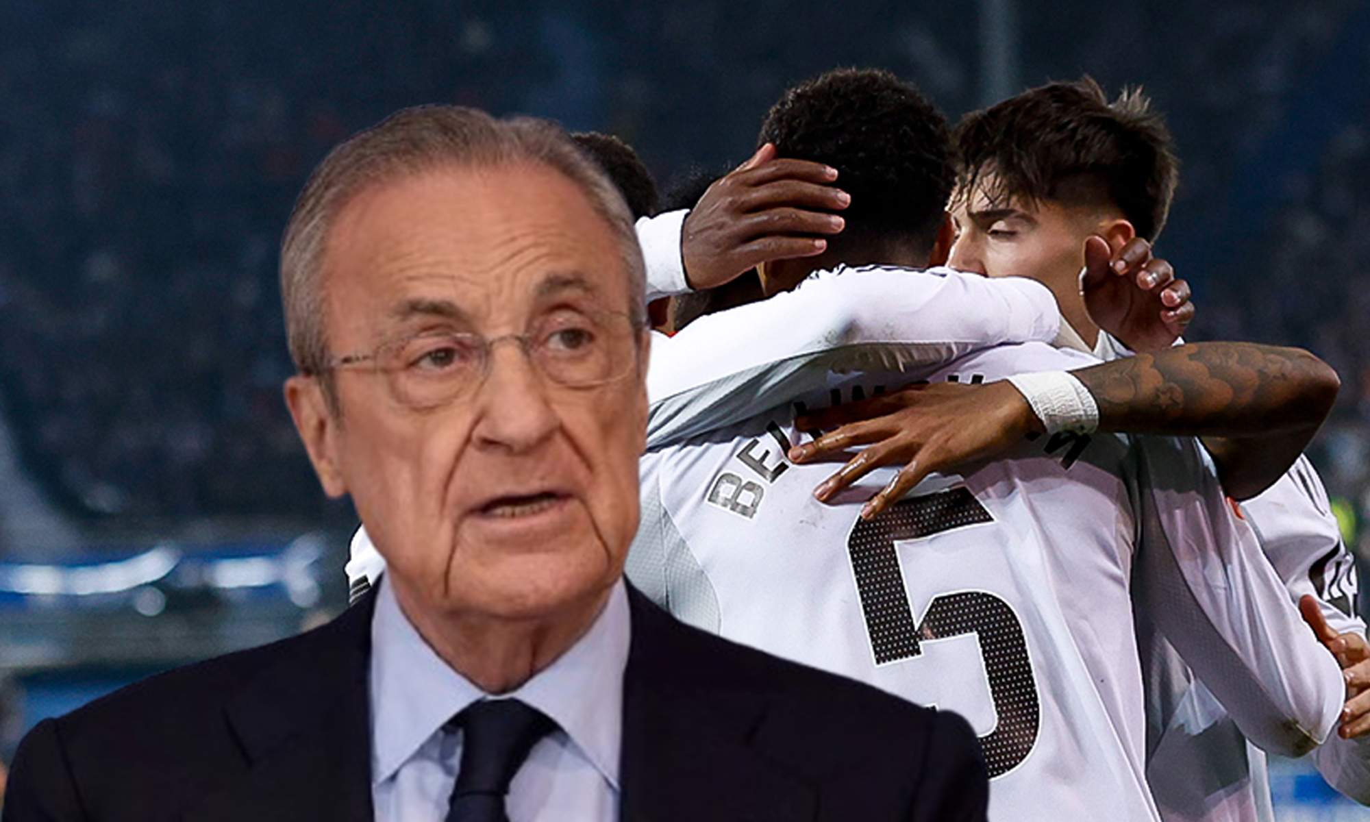 Florentino Pérez y jugadores del Real Madrid celebrando un gol. 