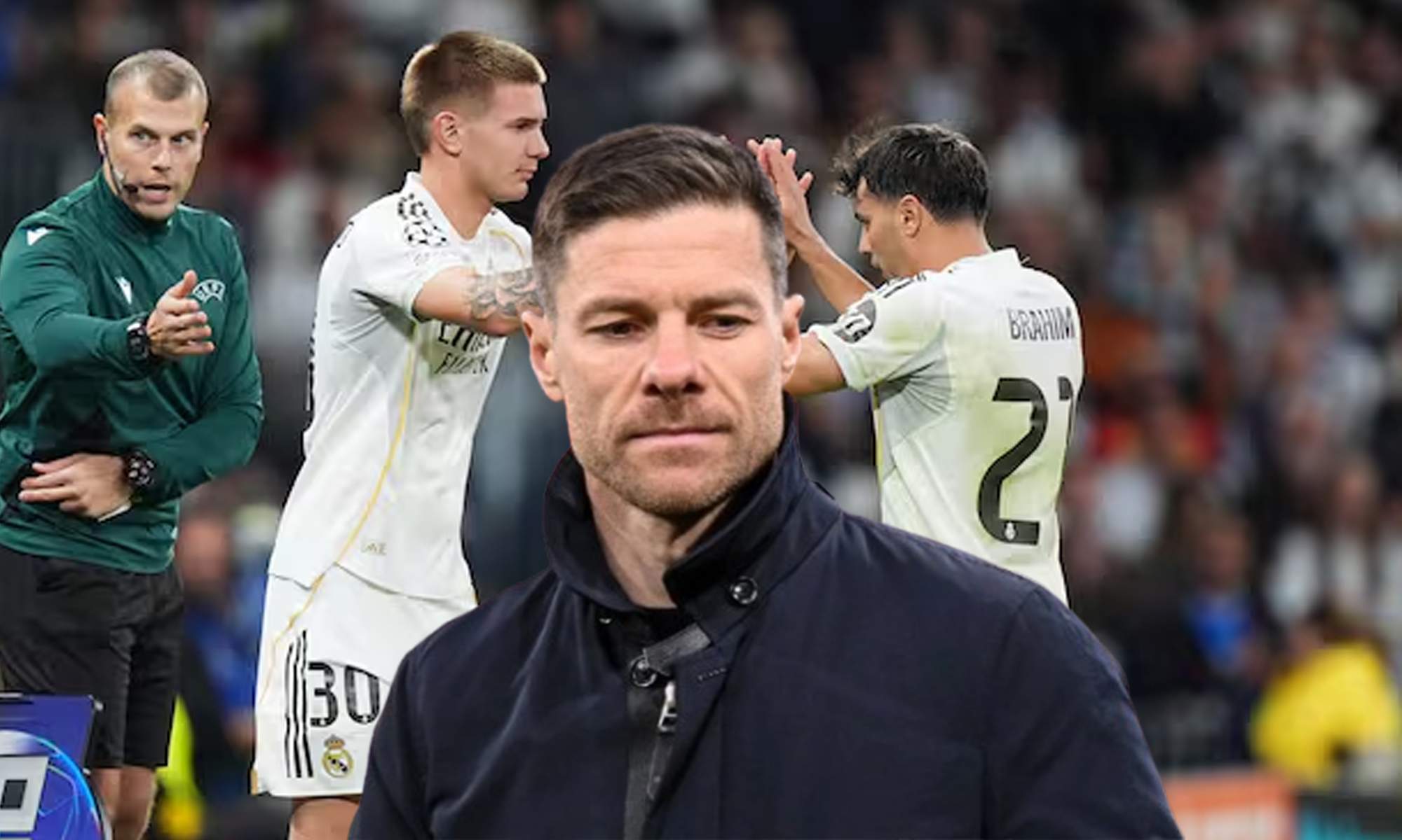 Xabi Alonso y una foto de Franco Mastantuono y Brahim Díaz celebrando un gol. 