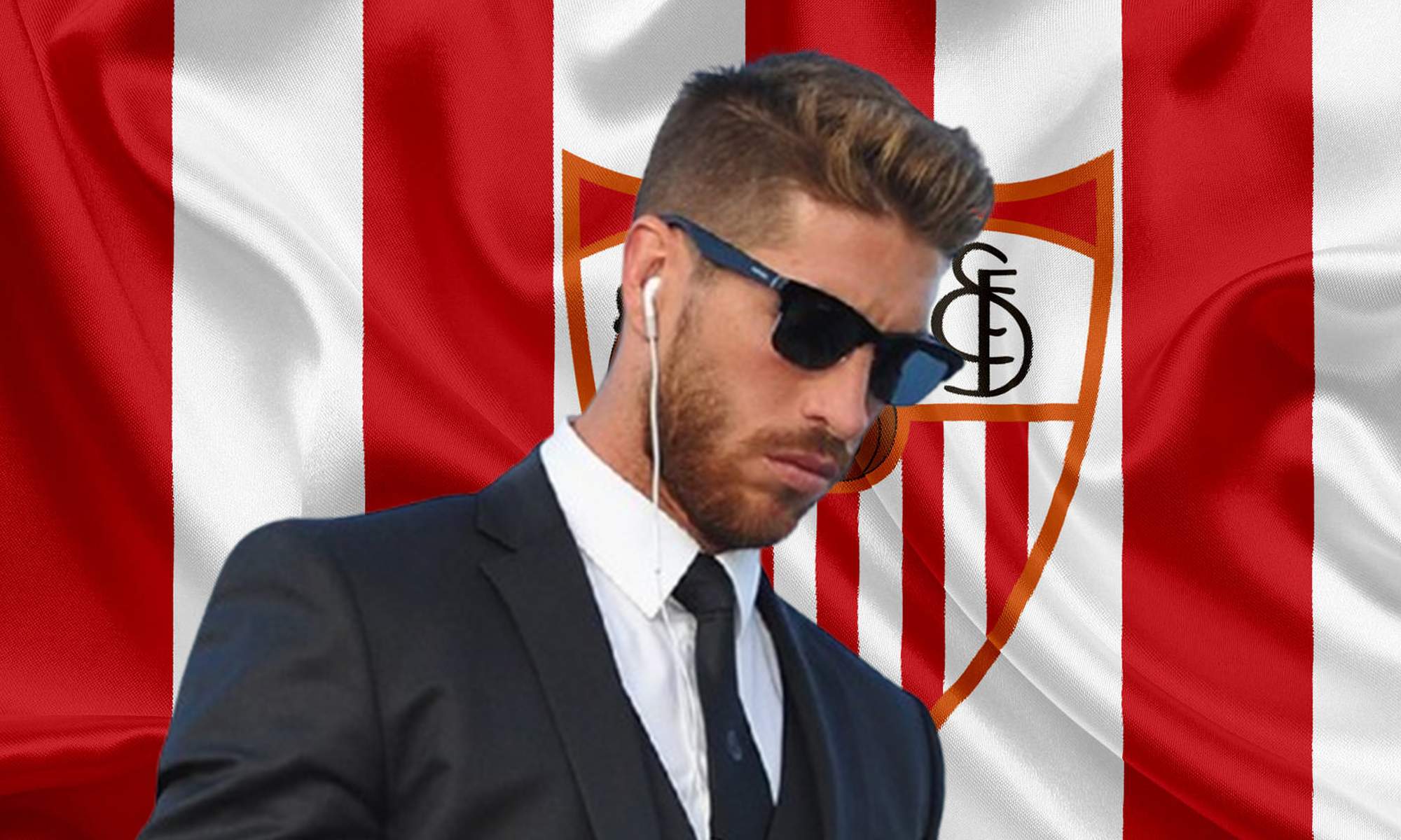 Sergio Ramos en traje y un wallpaper del Sevilla. 
