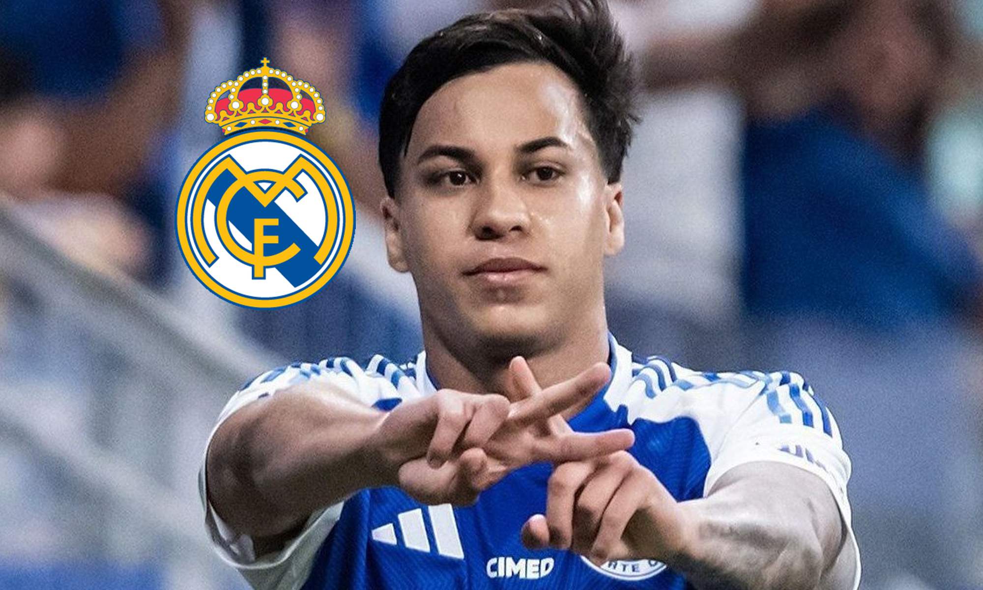 Kaio Jorge celebrando un gol y el escudo del Real Madrid. 