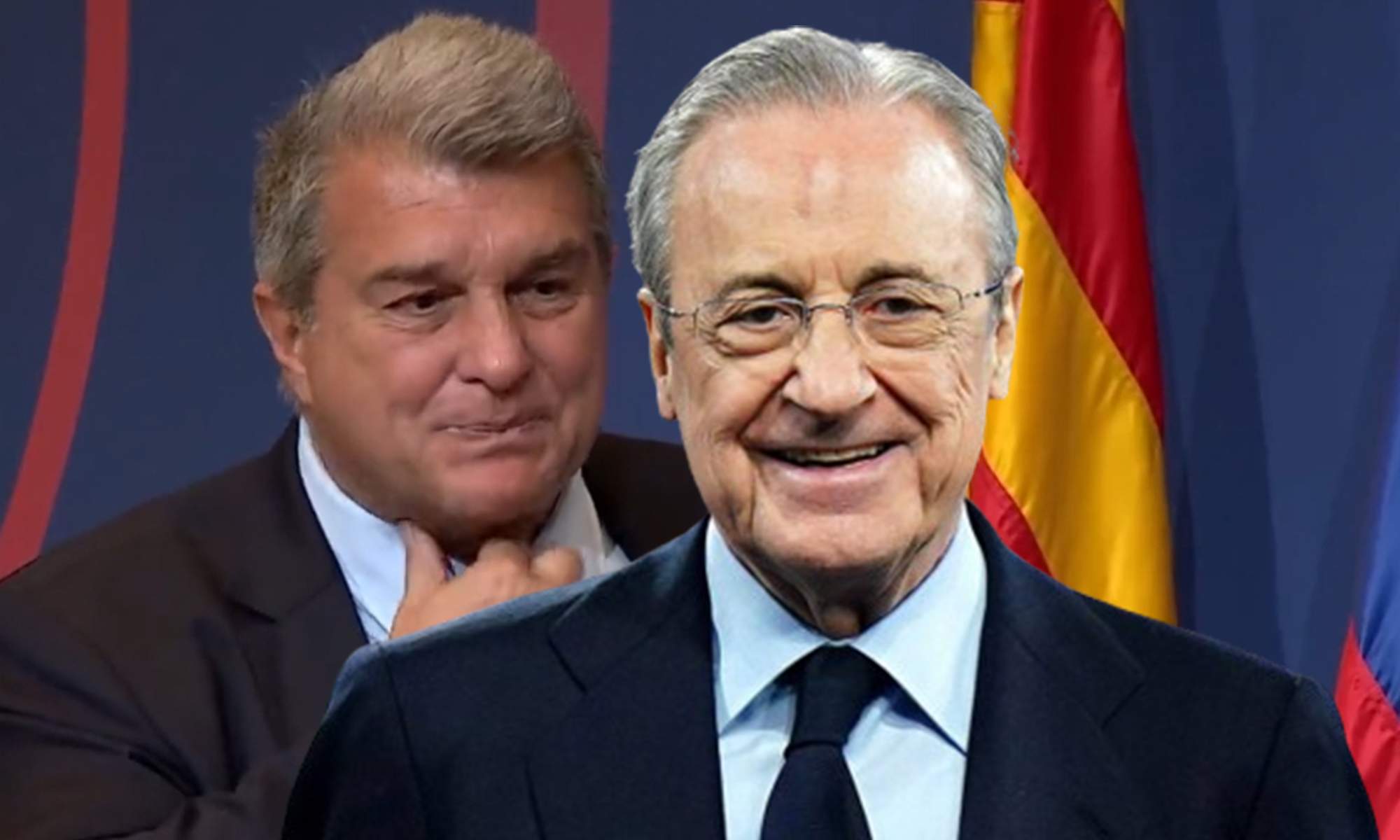 Florentino Pérez sonriendo y una foto de Joan Laporta llorando.