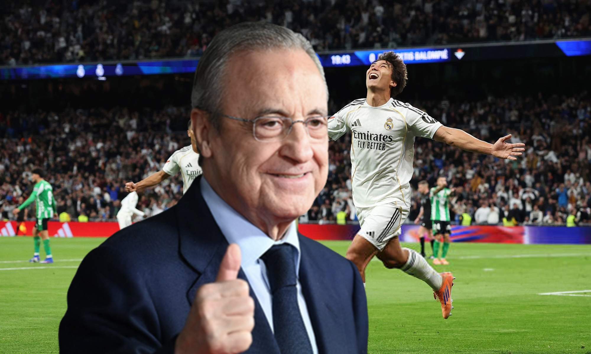 Florentino Pérez y Gonzalo García celebrando su gol contra el Betis. 