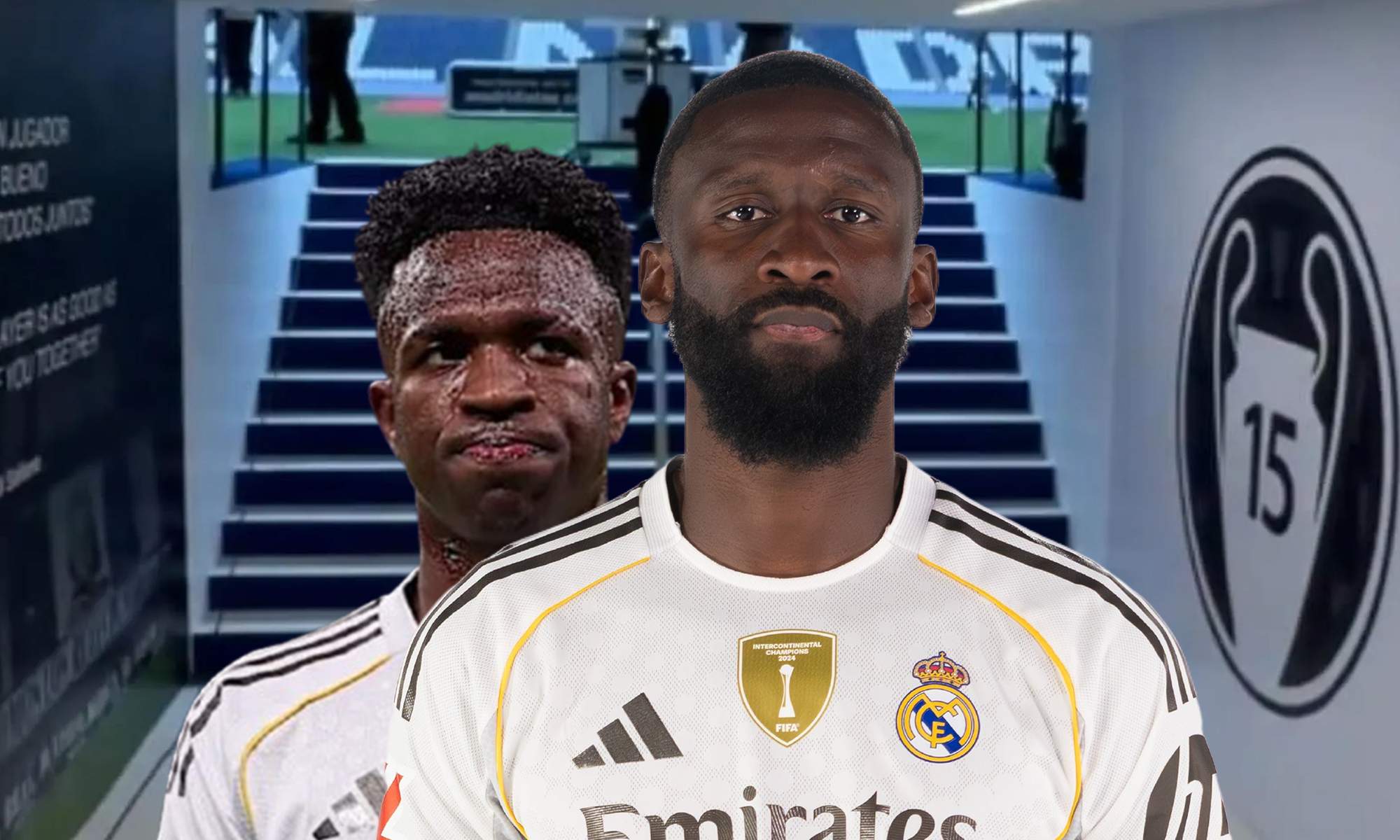 Antonio Rüdiger y Vinícius Júnior en el túnel de vestuarios del Real Madrid.