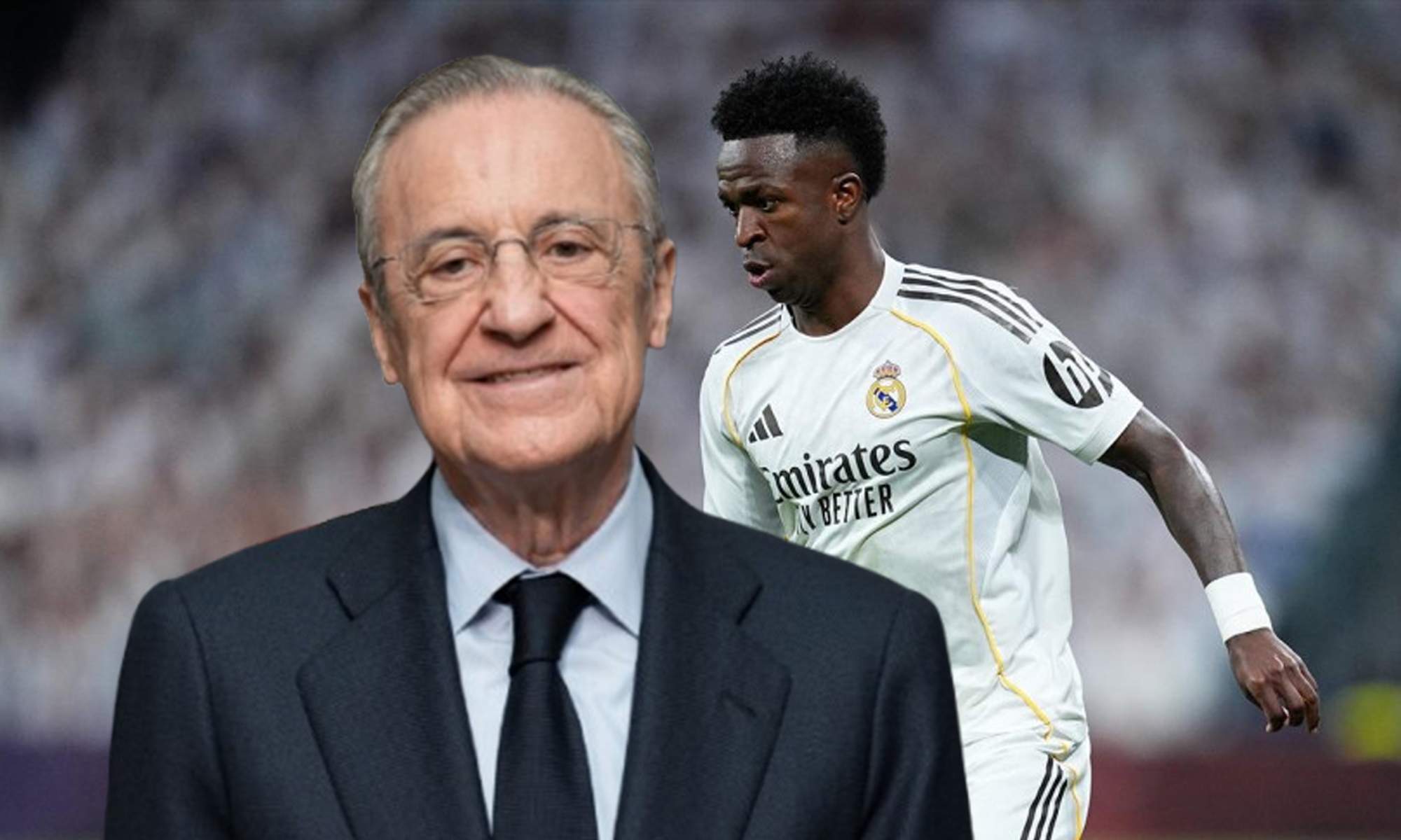Florentino Pérez y una foto de Vinícius Júnior.