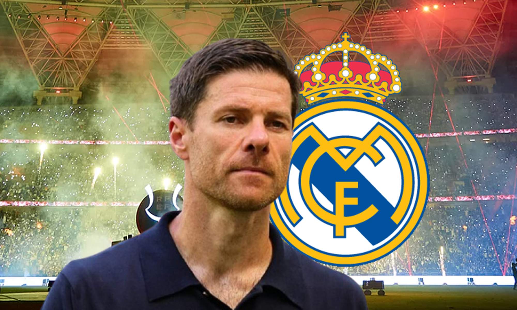 Xabi Alonso, el escudo del Real Madrid y el estadio de Yeda.