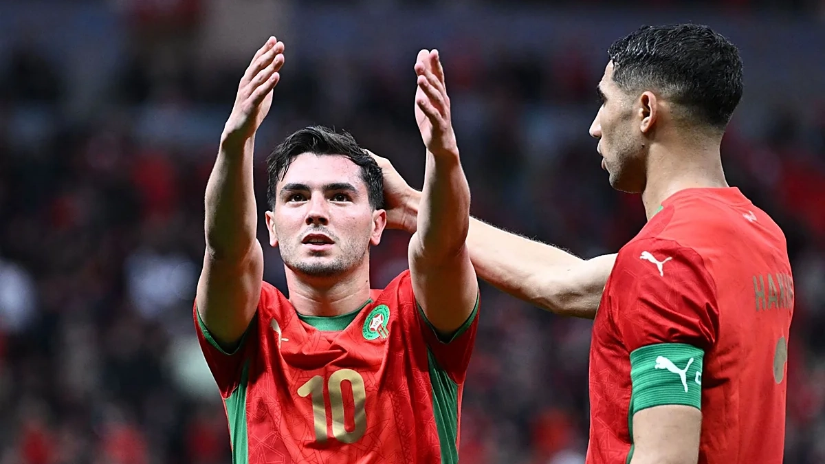 Brahim Díaz celebrando su gol con Marruecos.