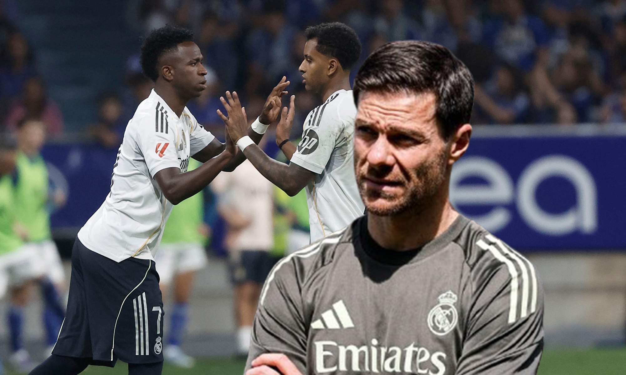 Xabi Alonso y una foto de Vinícius y Rodrygo en un partido del Real Madrid.