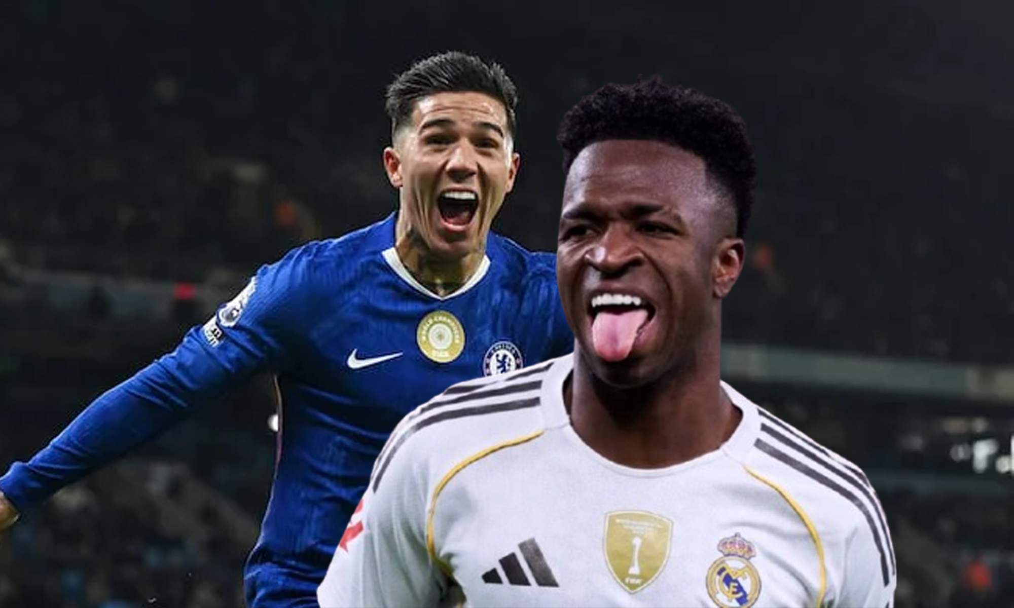 Vinícius Júnior con la camiseta del Real Madrid y una foto de Enzo Fernández.