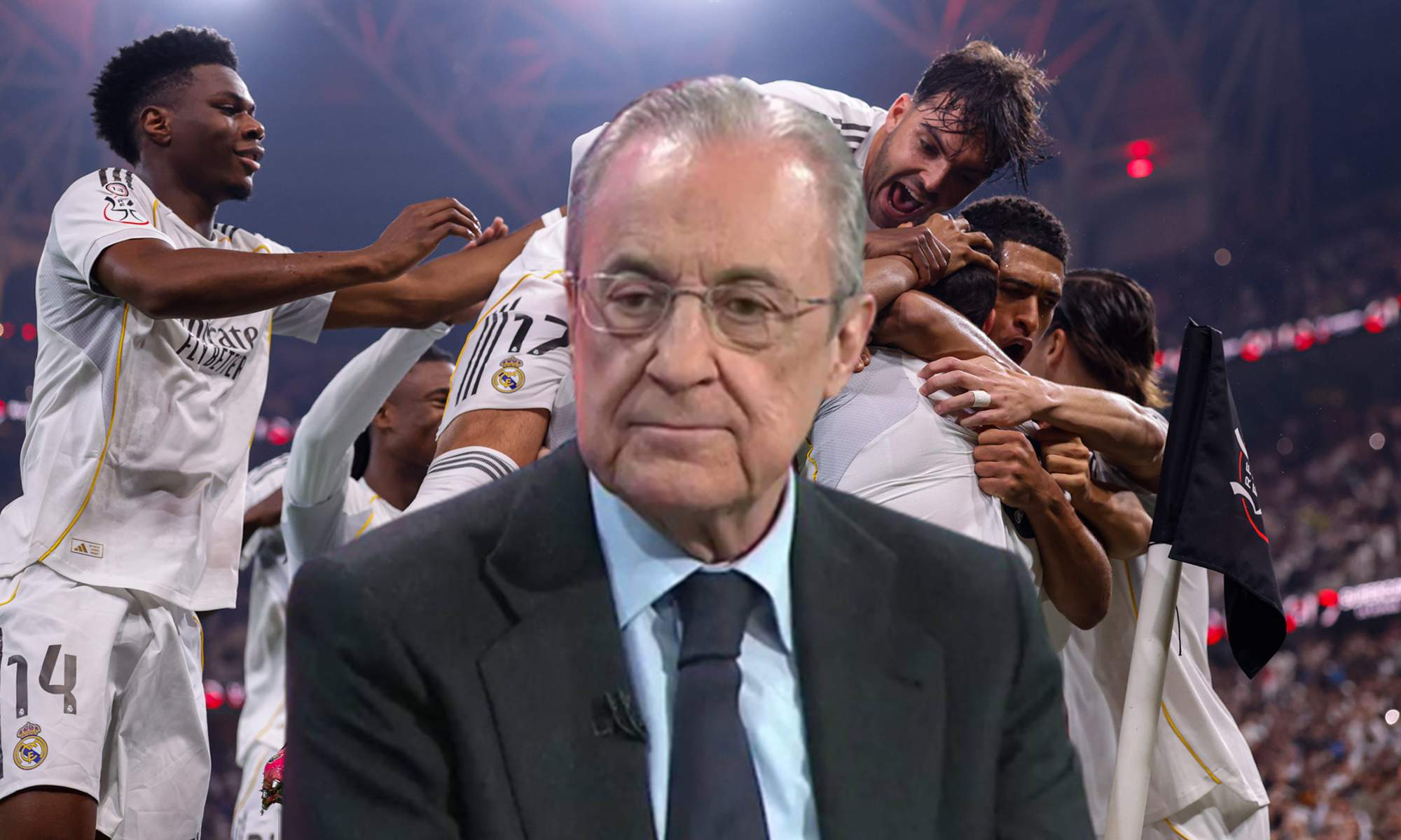 Florentino Pérez y los jugadores del Real Madrid celebrando un gol. 