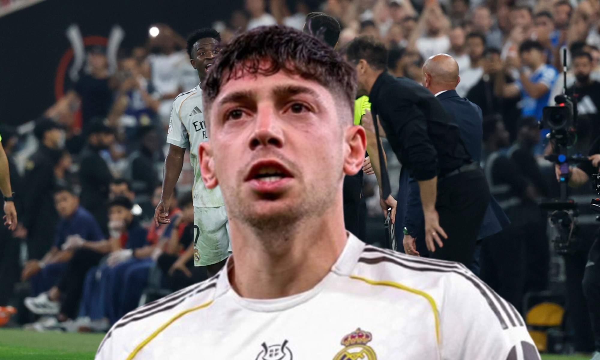 Fede Valverde y una foto de Vinícius Júnior y el Cholo Simeone.