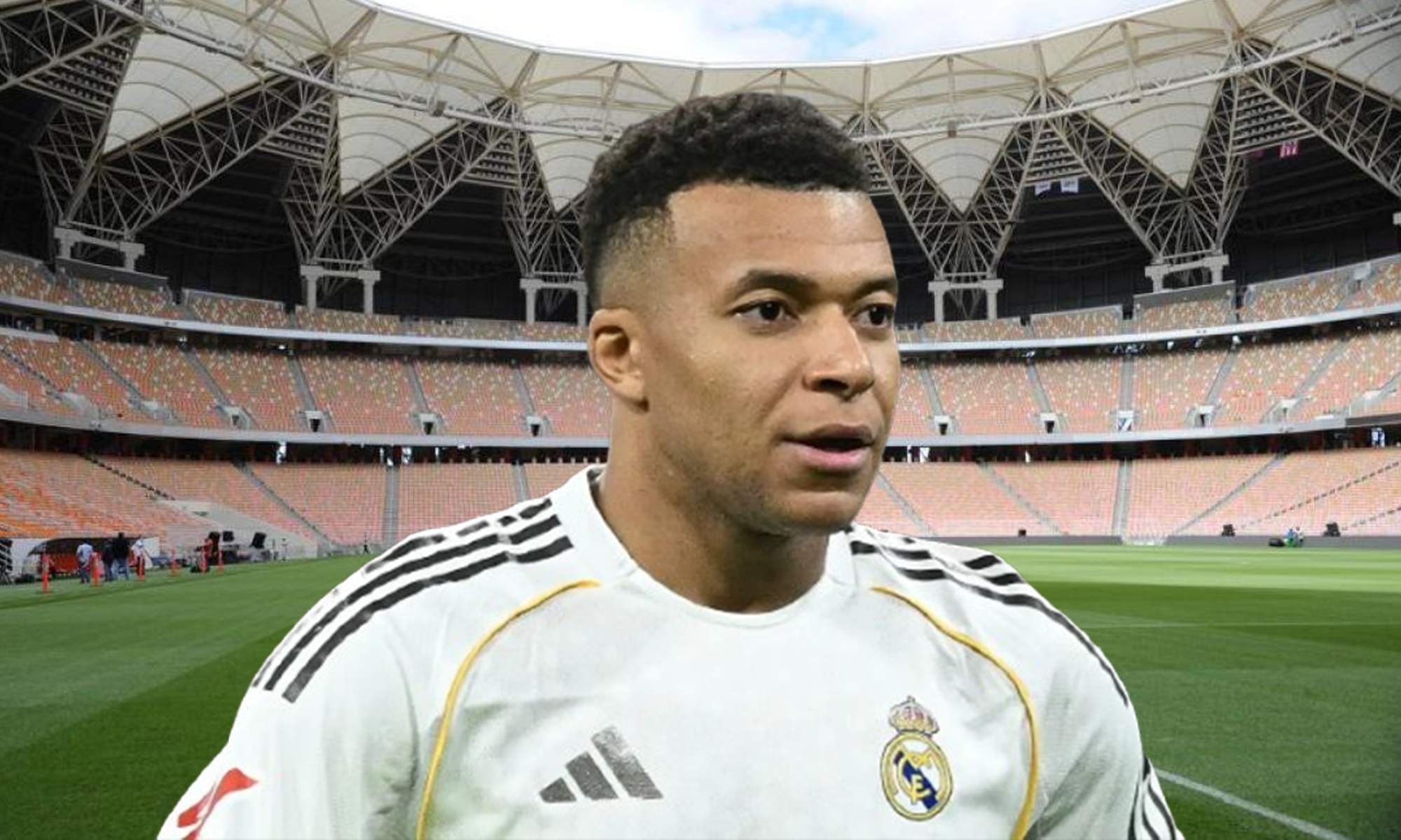 Kylian Mbappé con la camiseta del Real Madrid y el estadio de Arabia Saudí.