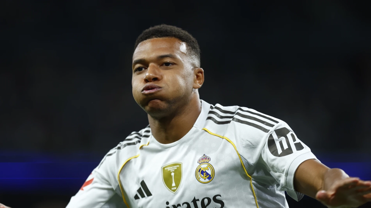 Kylian Mbappé celebrando un gol con el Real Madrid. Kylian Mbappé celebrando un gol con el Real Madrid.