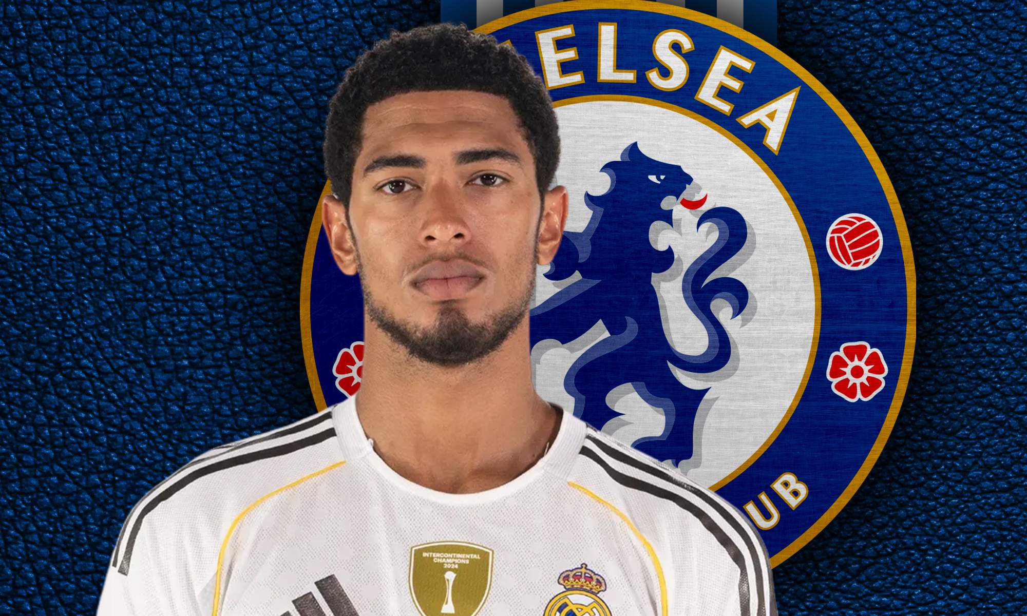 Jude Bellingham con la camiseta del Real Madrid y el escudo del Chelsea.