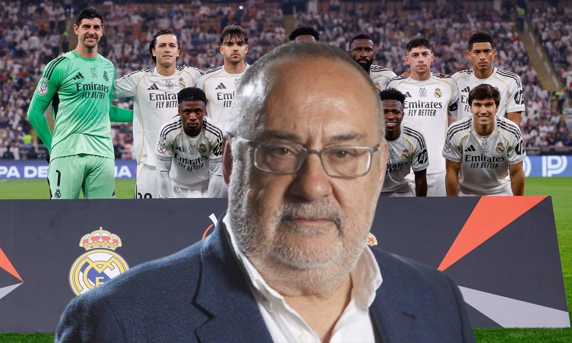 Alfredo Relaño y el once del Real Madrid contra el Atlético de Madrid. 