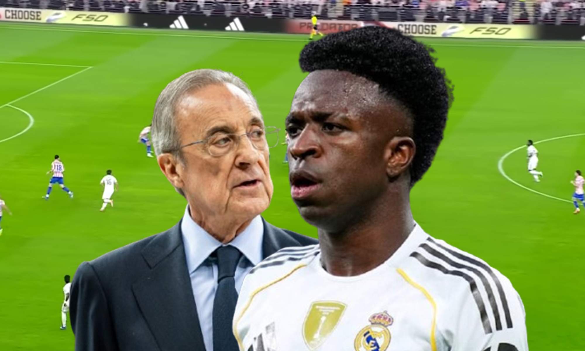Vinícius Júnior, Florentino Pérez y una captura del Atlético - Real Madrid.