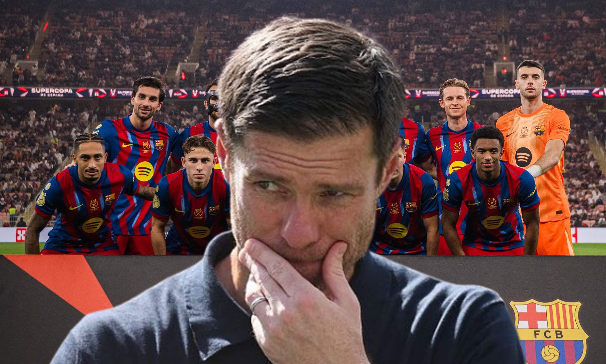 Xabi Alonso y el once del Barcelona en la semifinal de la Supercopa de España contra el Atlético.