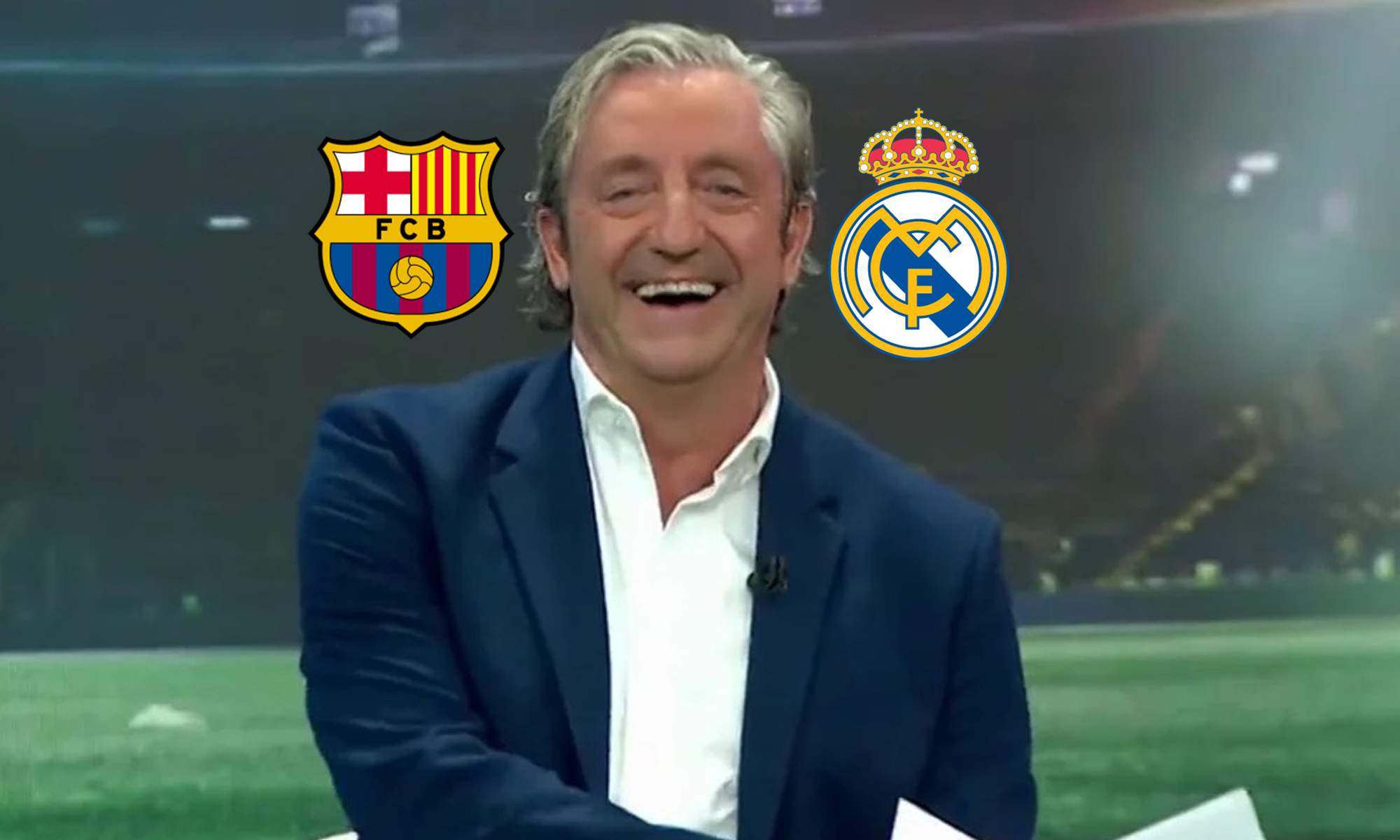 Josep Pedrerol en El Chiringuito y un escudo del Barcelona y otro del Real Madrid.