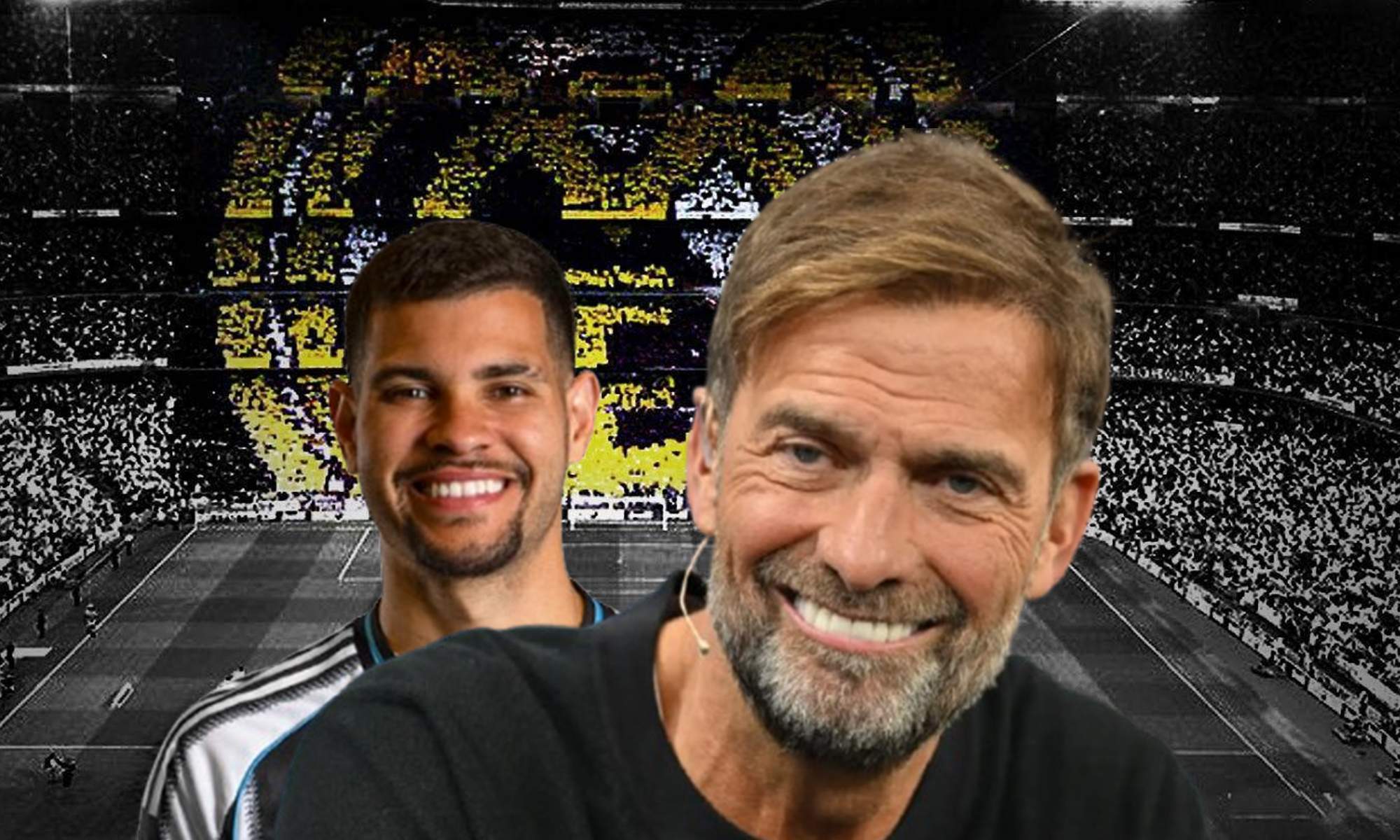 Jürgen Klopp, Bruno Guimarães y un mosaico del Real Madrid.