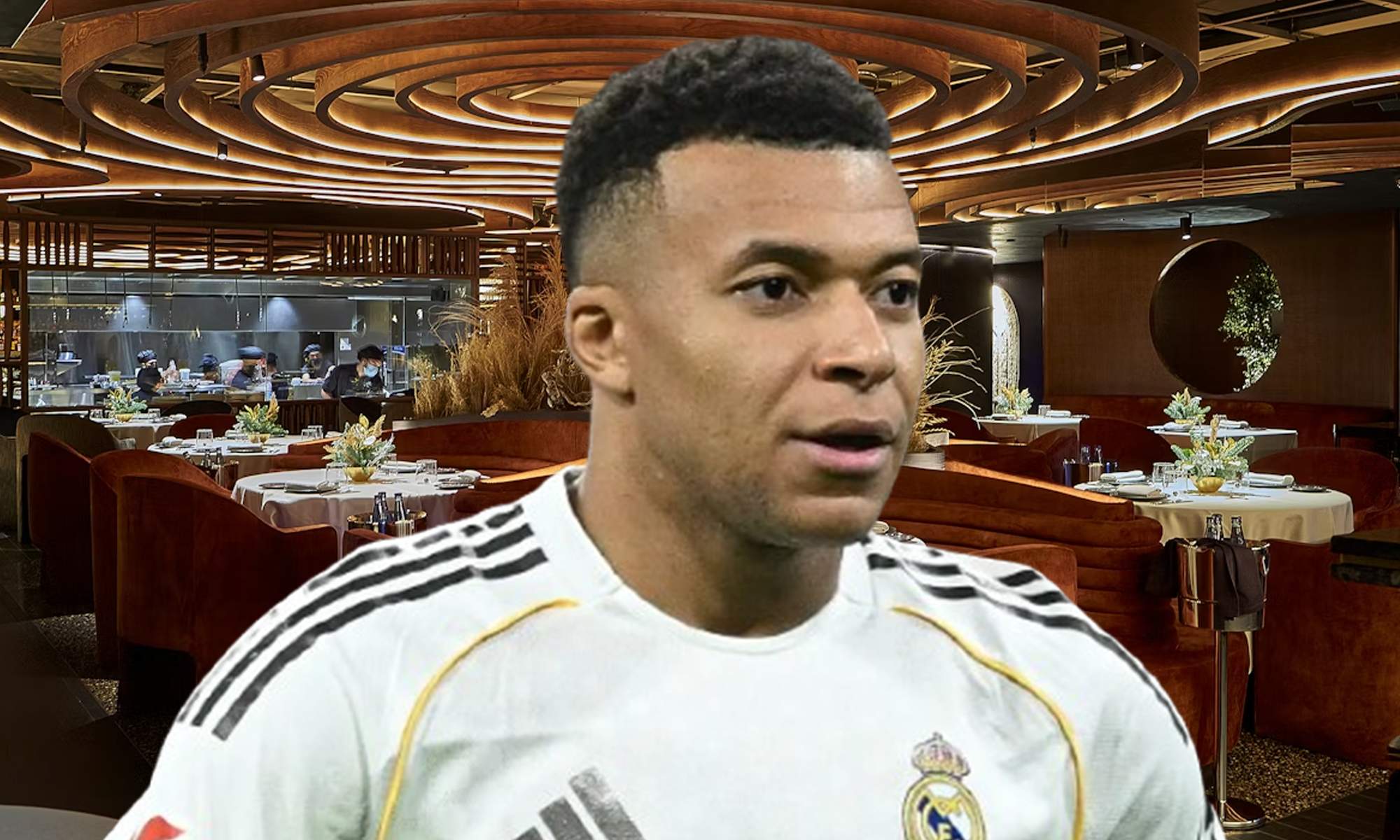 Kylian Mbappé y una foto del restaurante Leña de Dani García.