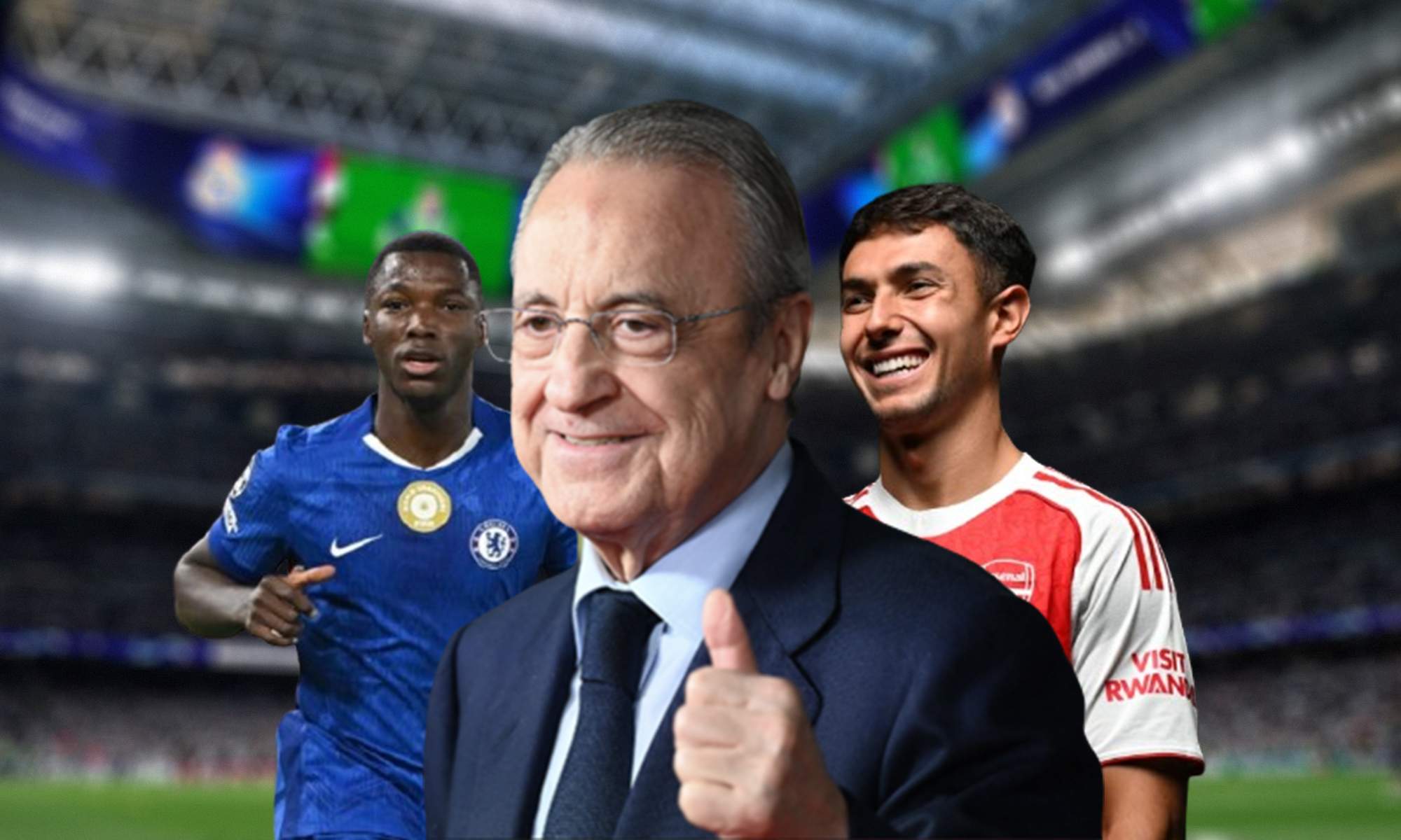 Florentino Pérez y una foto de Caicedo y Zubimendi. 