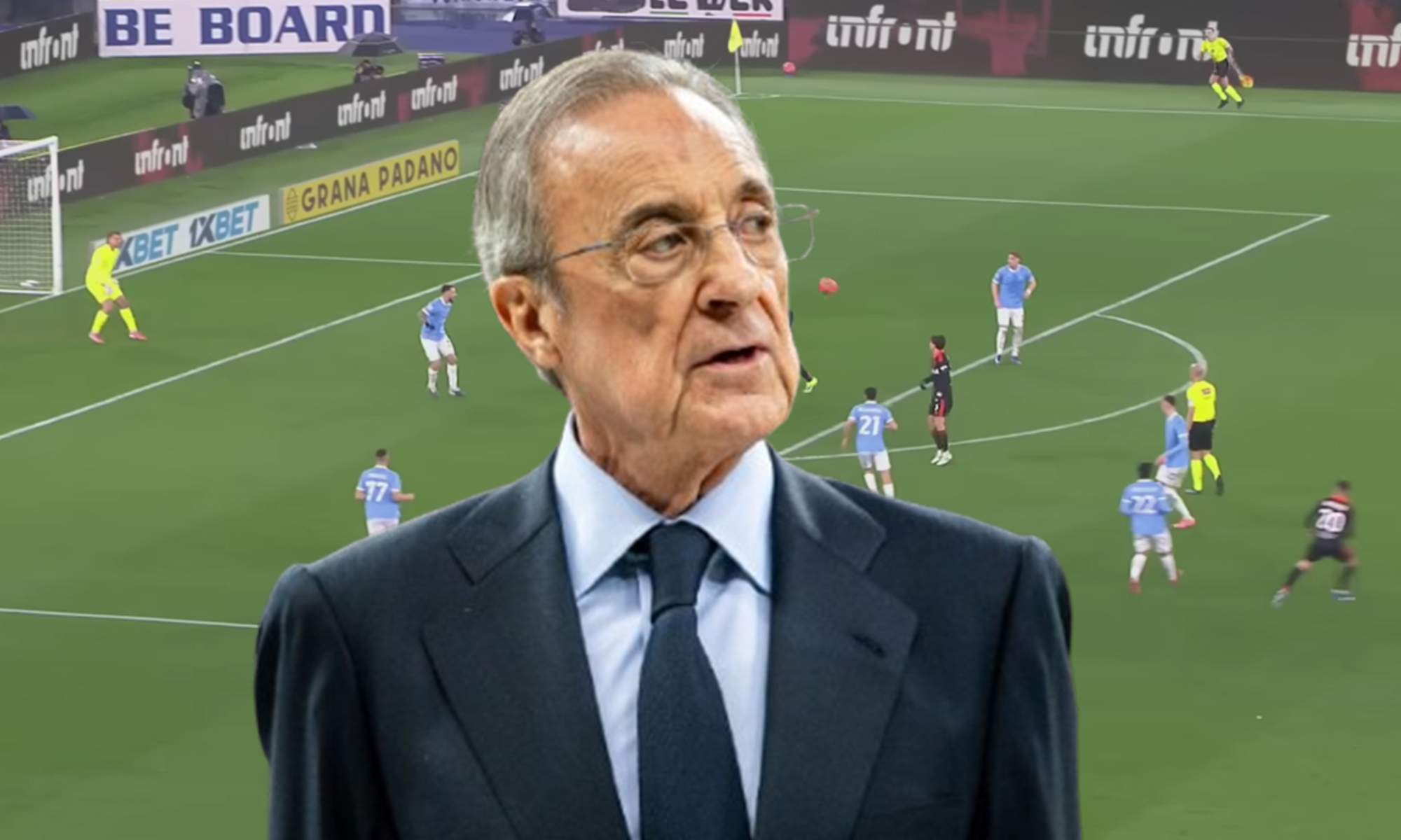 Florentino Pérez y una captura de un partido del Como. 