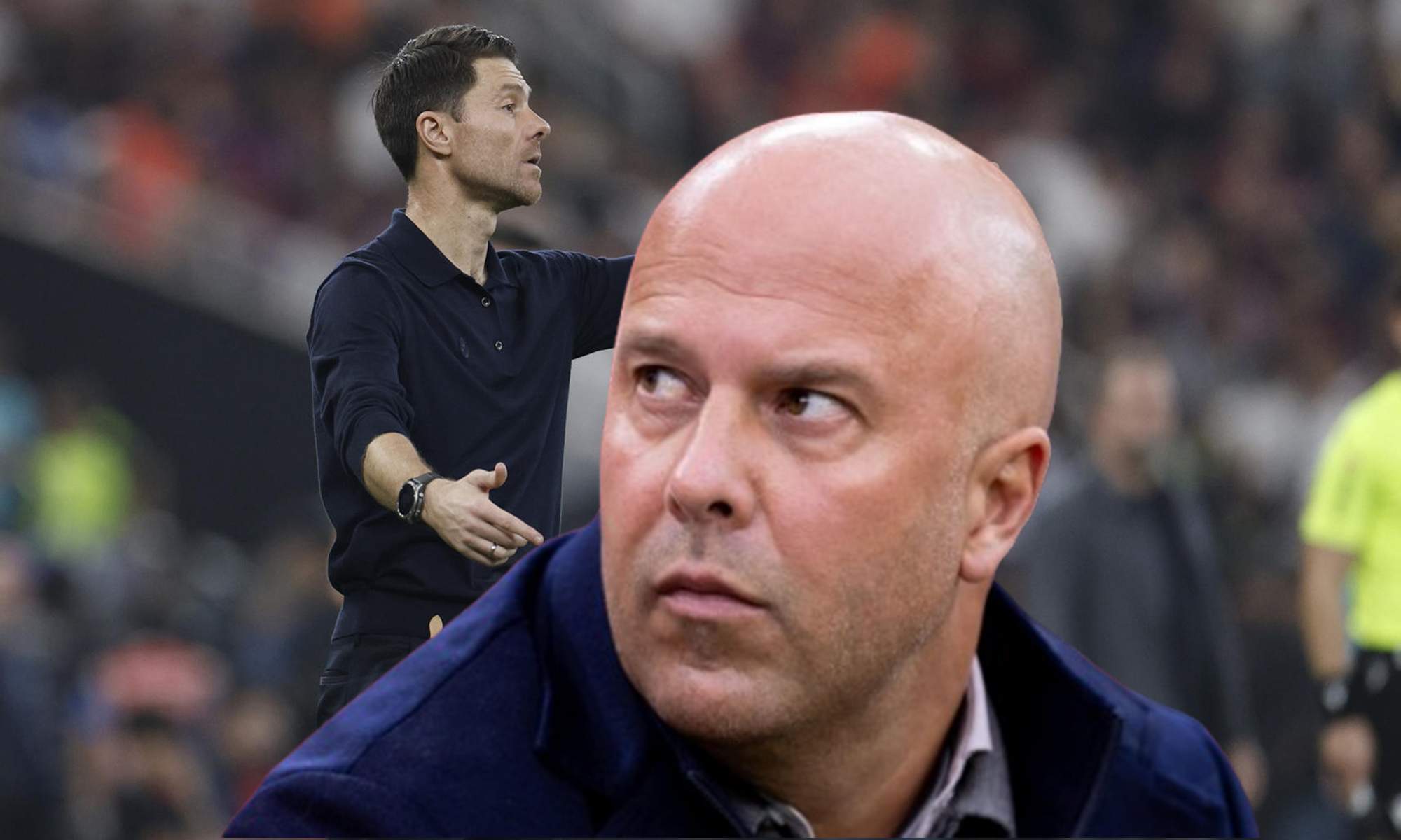 Arne Slot y una foto de Xabi Alonso en un partido del Real Madrid.