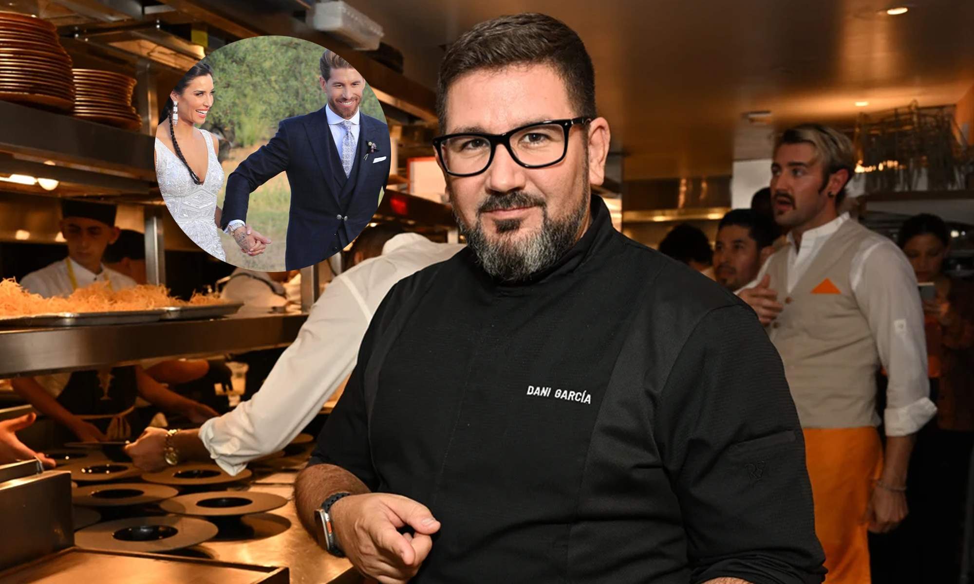 Dani García cocinando y Sergio Ramos y Pilar Rubio en el día de su boda.