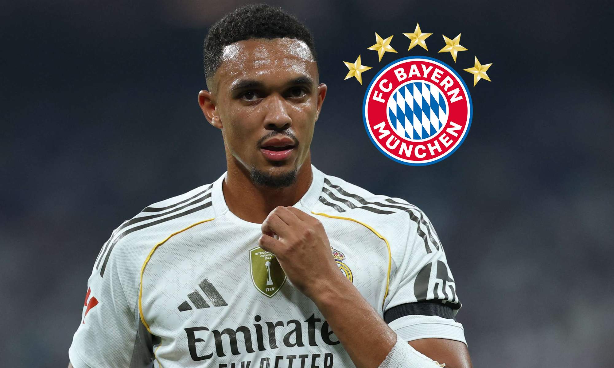 Trent Alexander-Arnold disputando un partido con el Real Madrid y el escudo del Bayern Múnich.