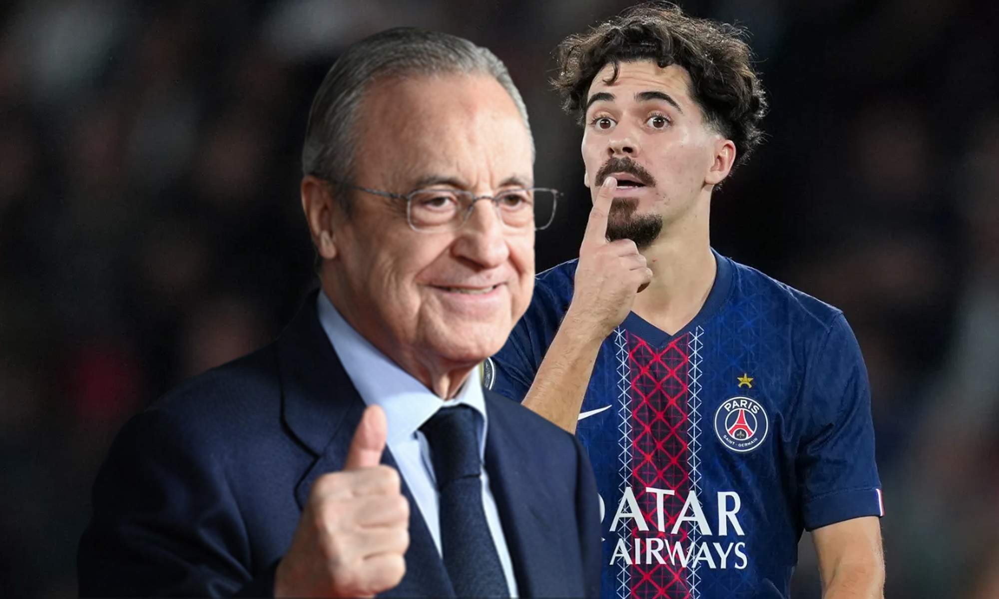 Florentino Pérez y una foto de Vitinha jugando con el Paris Saint-Germain.