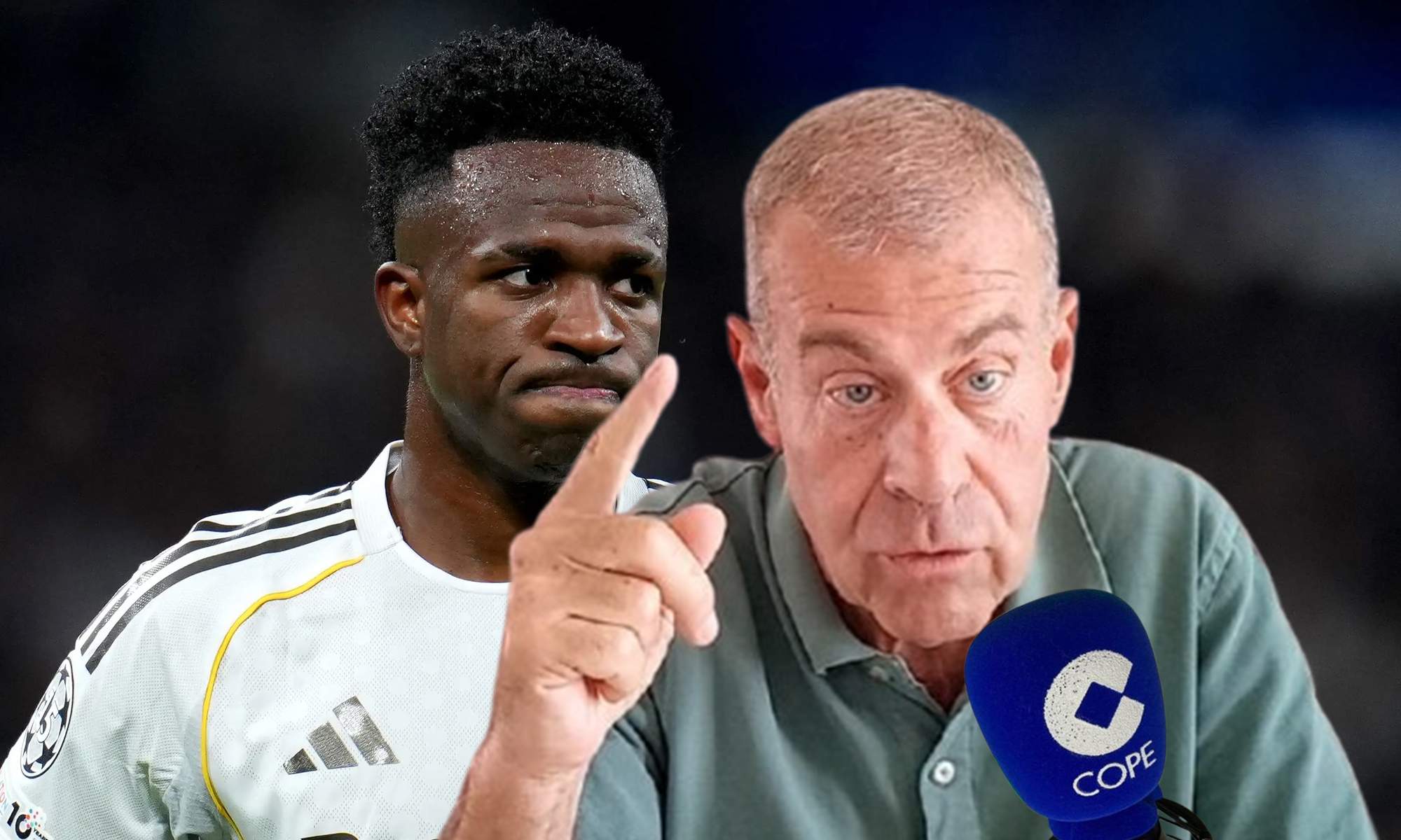 Tomás Guasch, un micrófono de COPE y Vinícius Júnior en un partido del Real Madrid.