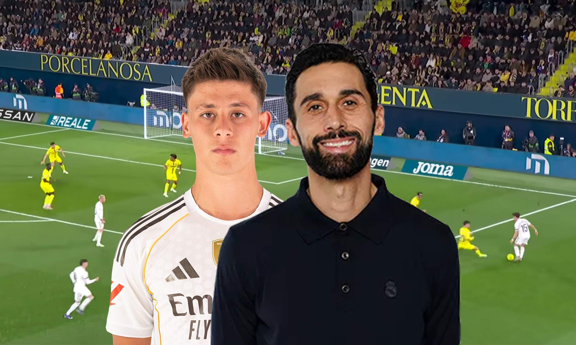 Álvaro Arbeloa, Arda Güler y una captura del Villarreal - Real Madrid.