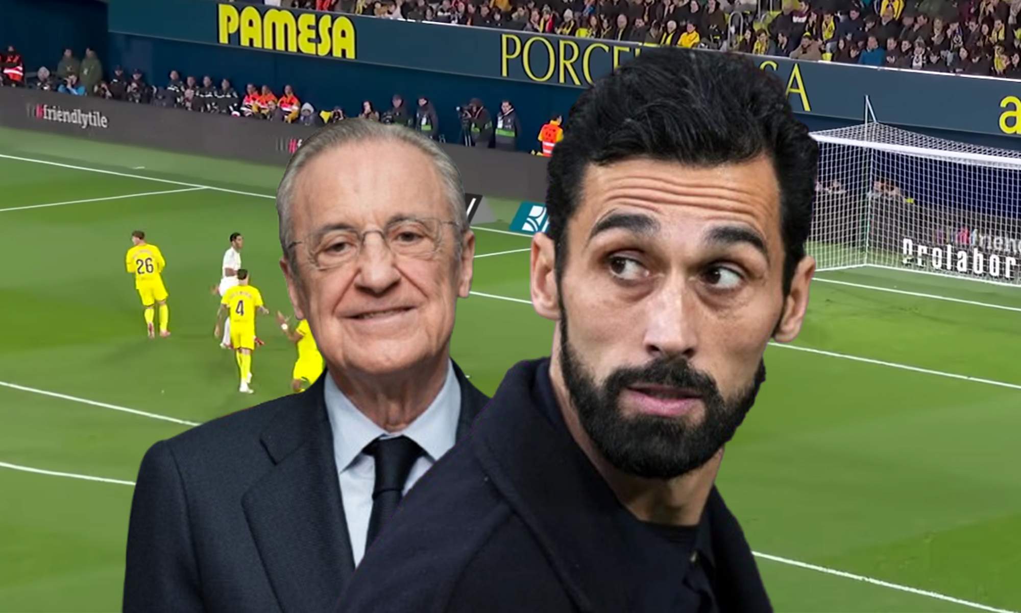 Álvaro Arbeloa, Florentino Pérez y una captura del Villarreal - Real Madrid. 