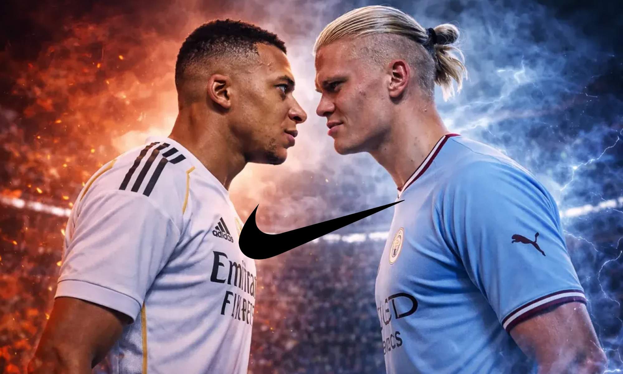 Kylian Mbappé, Erling Haaland y el logo de Nike.