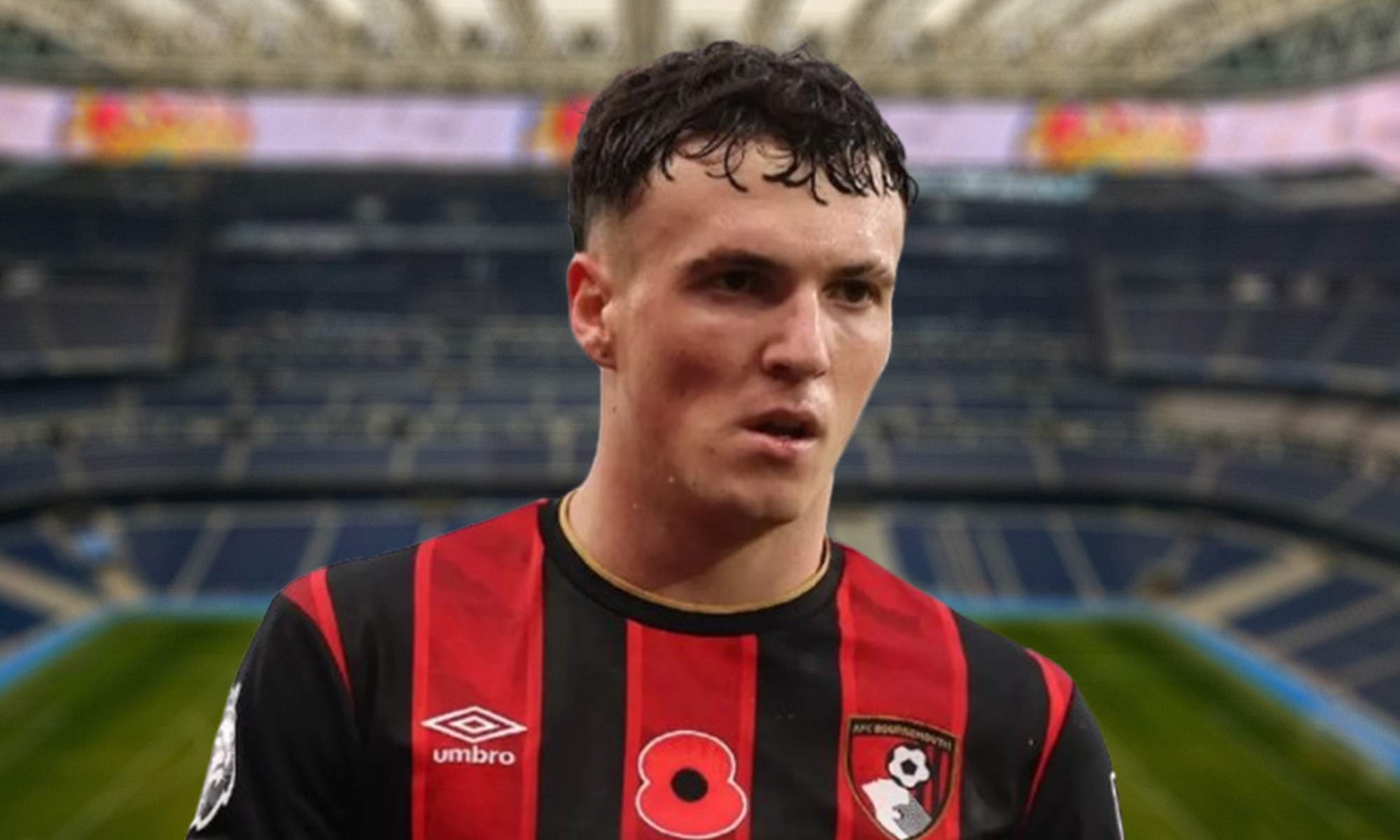 Álex Jiménez con la camiseta del Bournemouth y el Santiago Bernabéu.