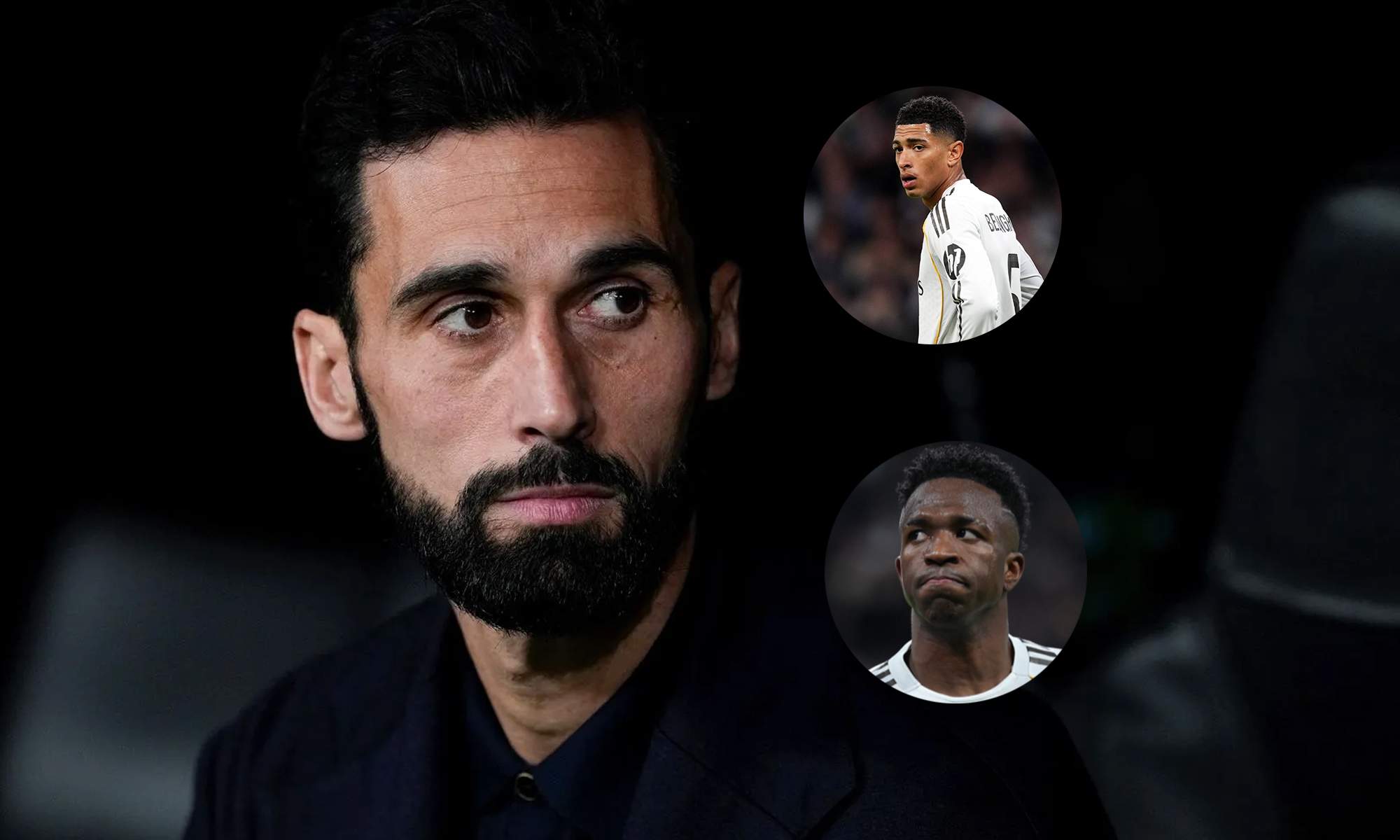 Álvaro Arbeloa en el banquillo del Real Madrid y una foto de Jude Bellingham y Vinícius Júnior.