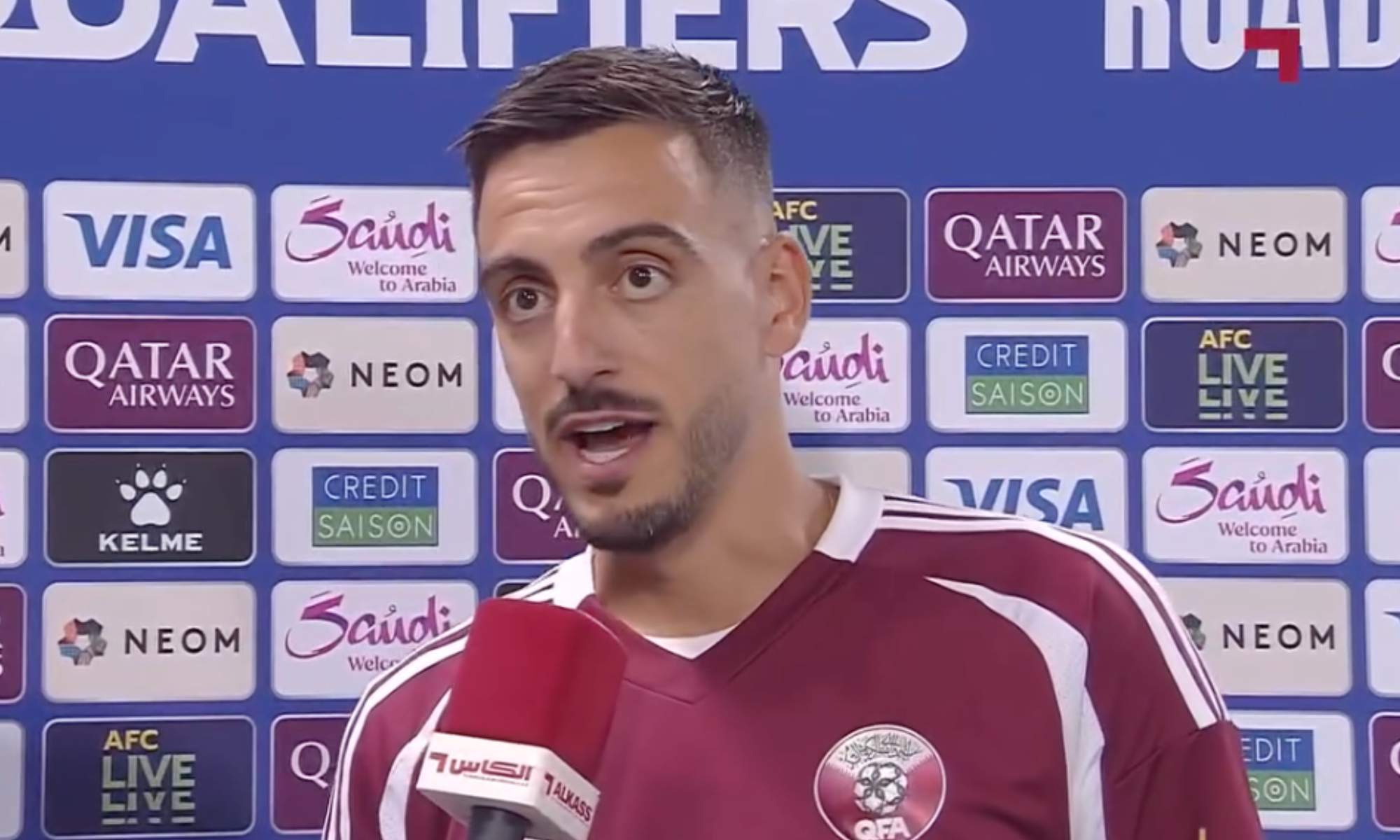 Joselu, durante una entrevista tras un partido con el Al-Gharafa de Qatar.