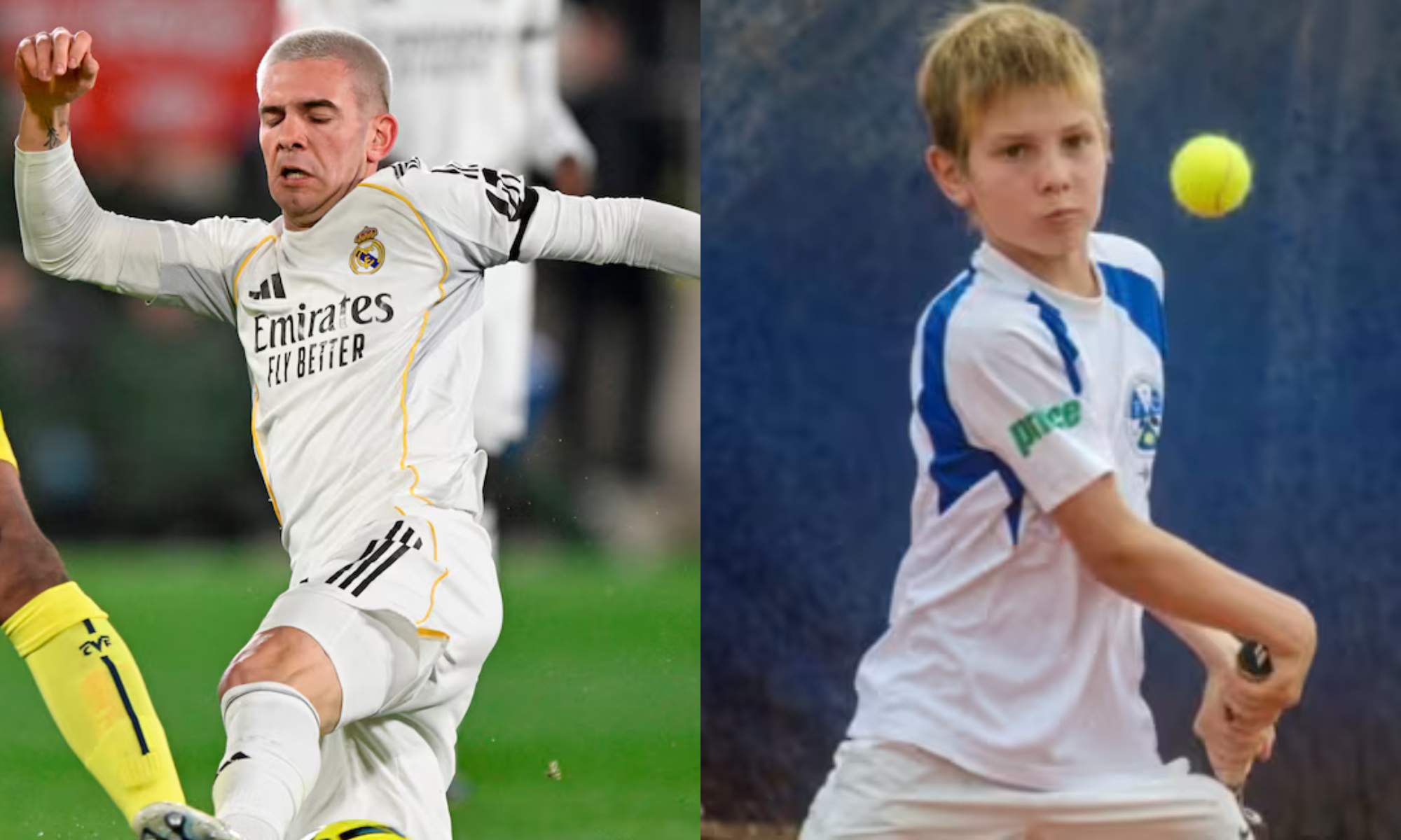 Franco Mastantuono, en el partido del sábado pasado con el Villarreal y, de niño, jugando al tenis.