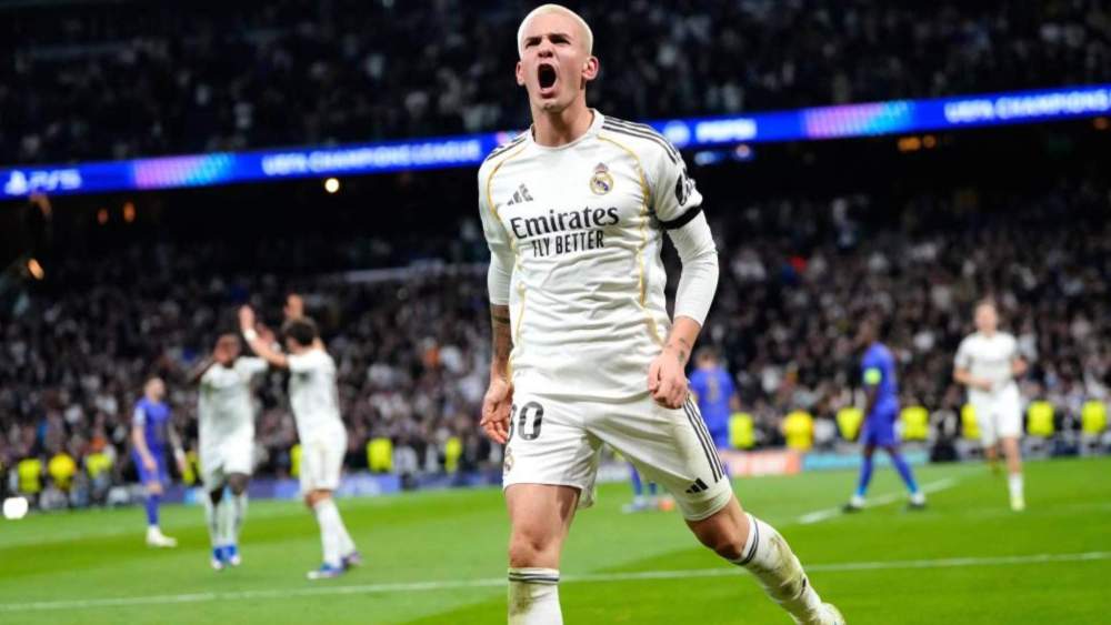 Franco Mastantuono, celebrando su gol ante el Mónaco. Franco Mastantuono, celebrando su gol ante el Mónaco.