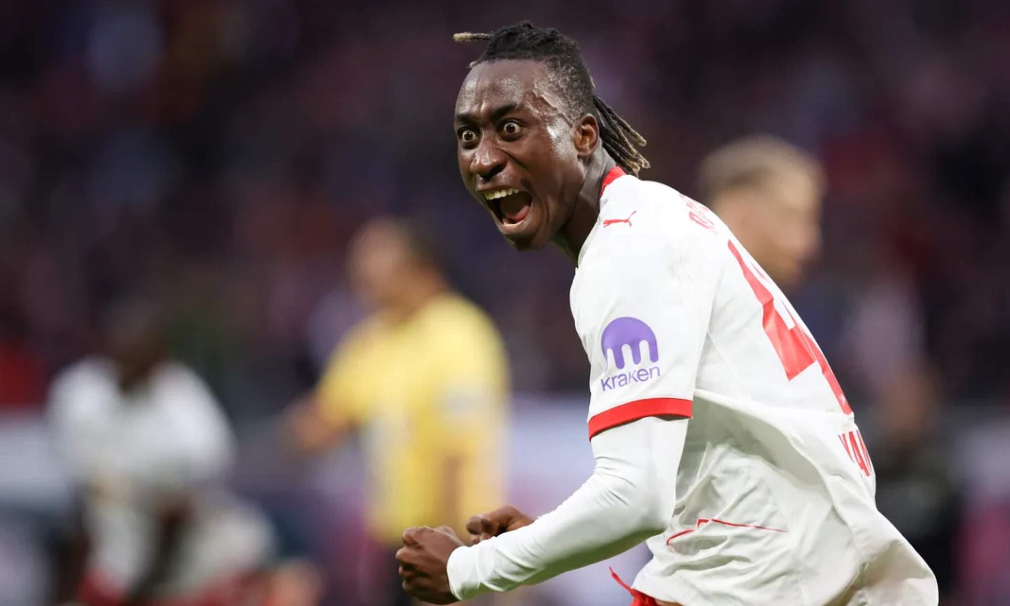 Yan Diomande, celebrando un gol con el Leipzig.