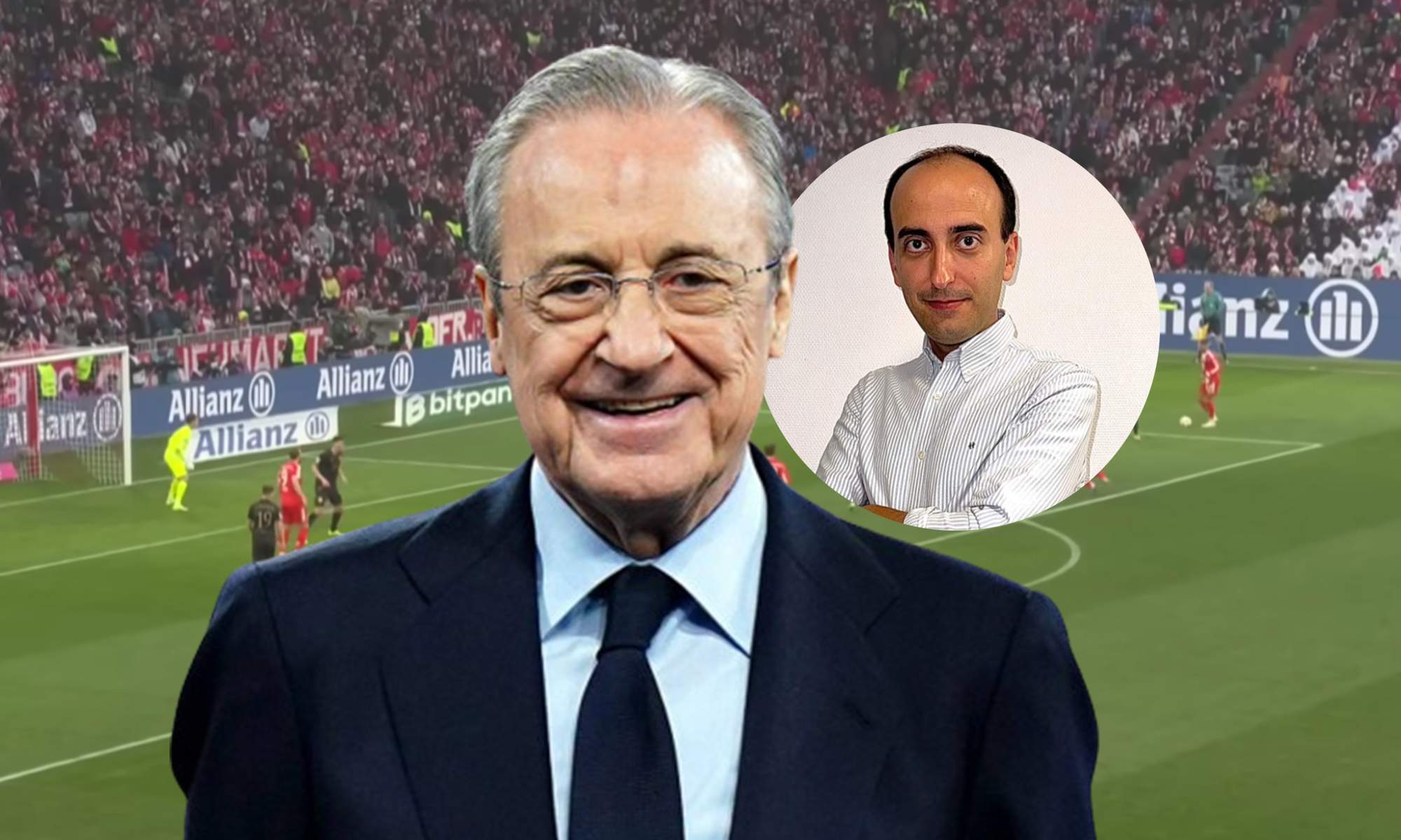 Florentino Pérez, Antón Meana y una captura de un partido del Bayern Múnich.