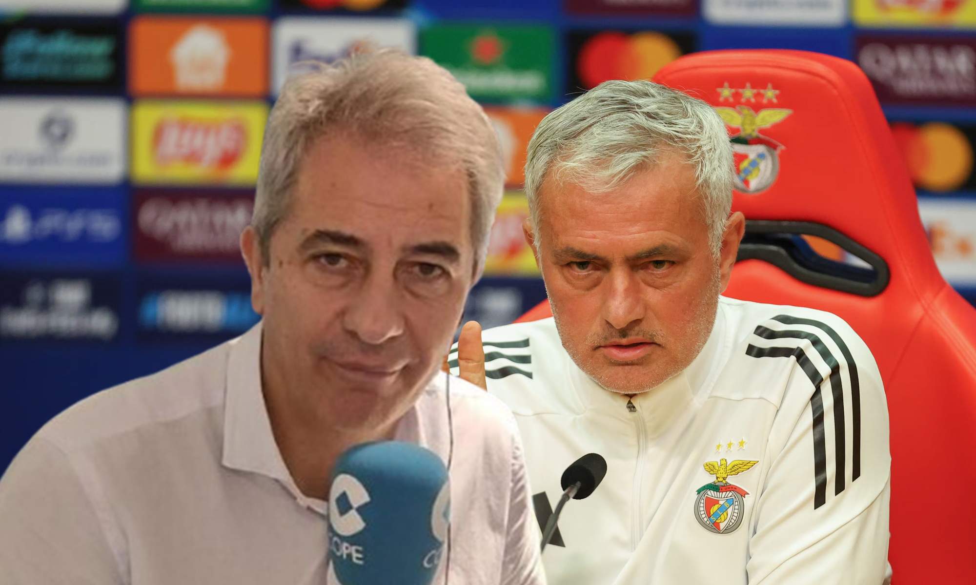 Manolo Lama con el micrófono de COPE y una foto de José Mourinho con el Benfica. 
