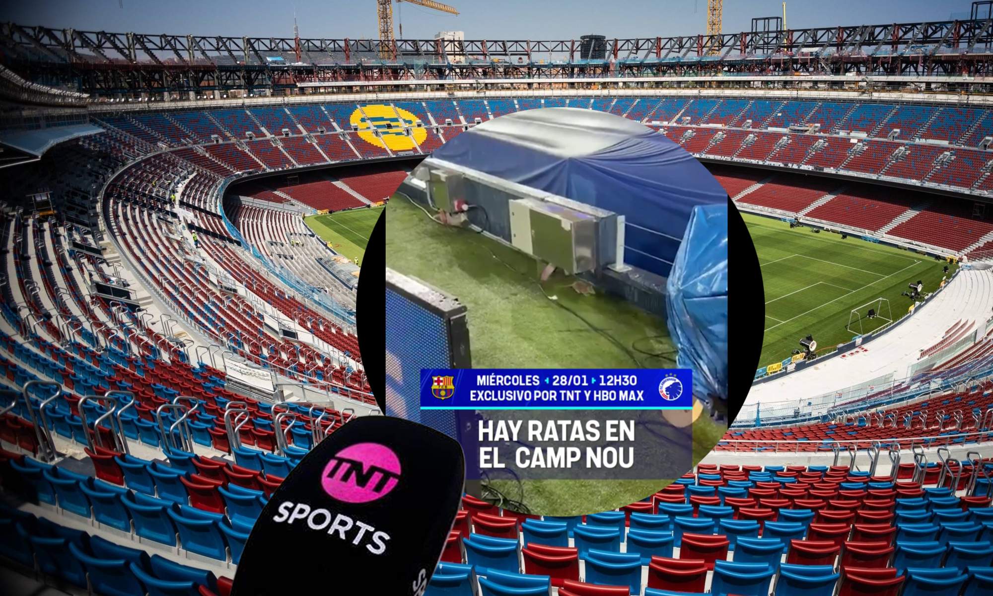 Micrófono de TNT Sports, una rata en el Camp Nou y el estadio de fondo.