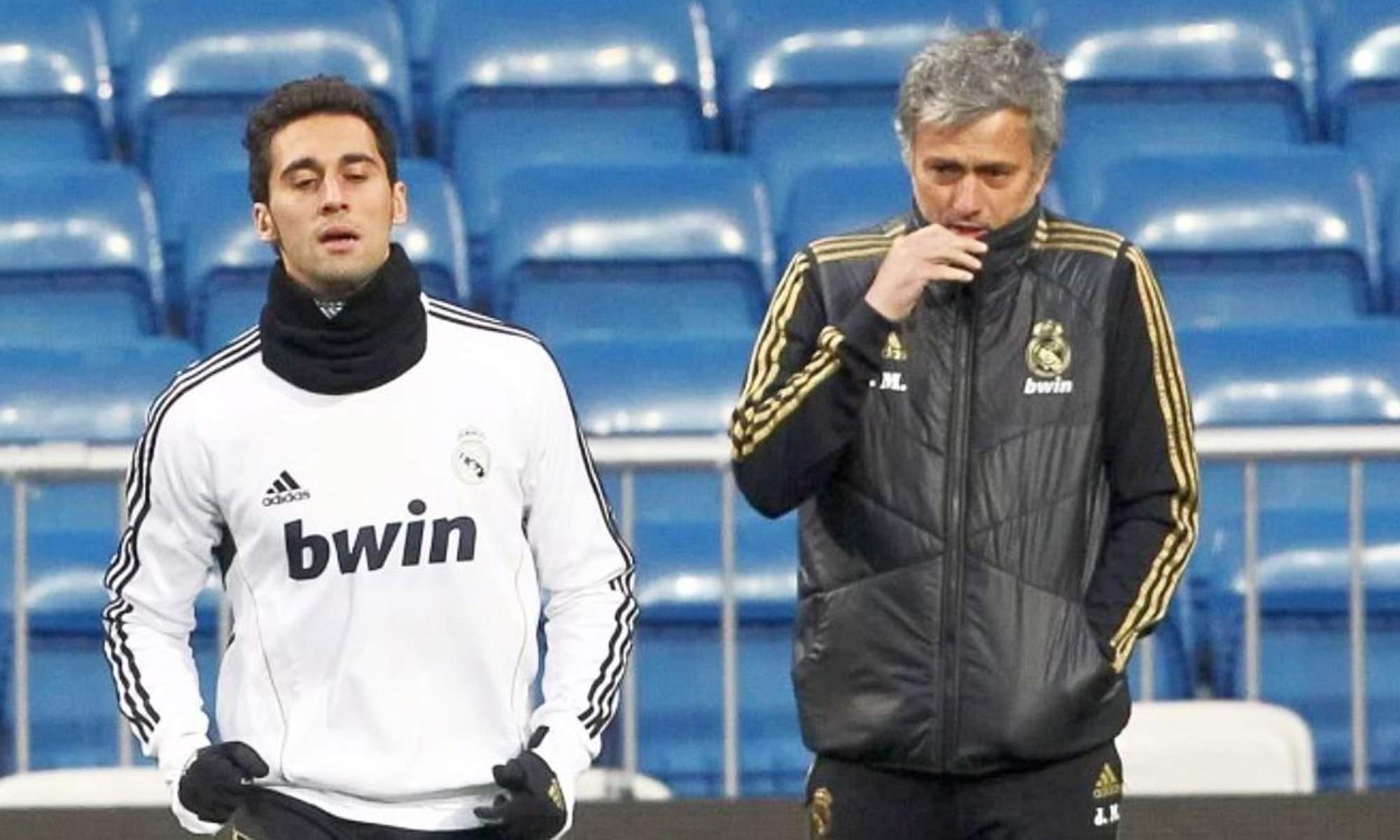 Álvaro Arbeloa y José Mourinho en un entrenamiento del Real Madrid.