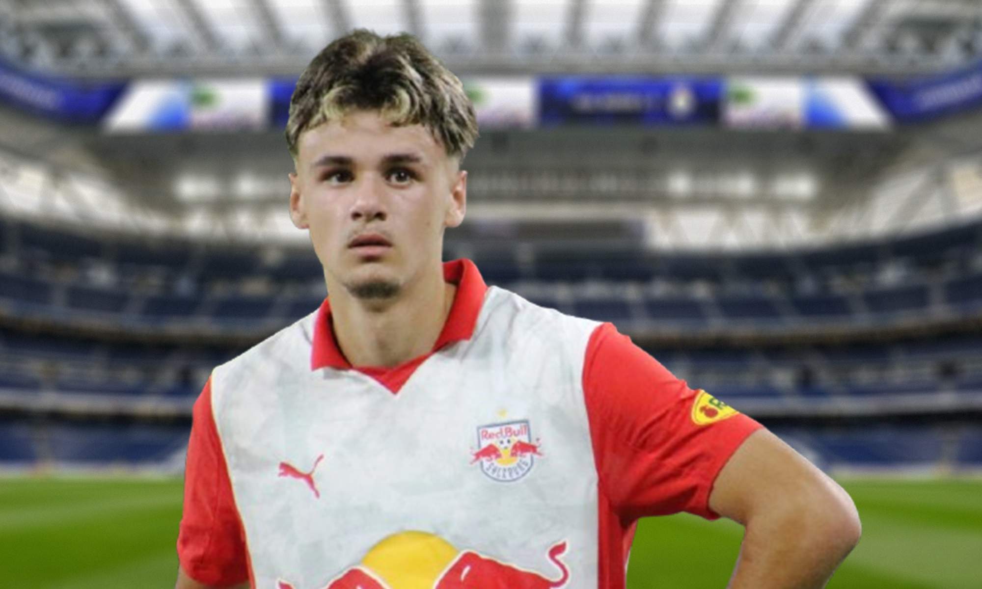 Kerim Alajbegovic con la camiseta del Salzburgo y el Santiago Bernabéu.