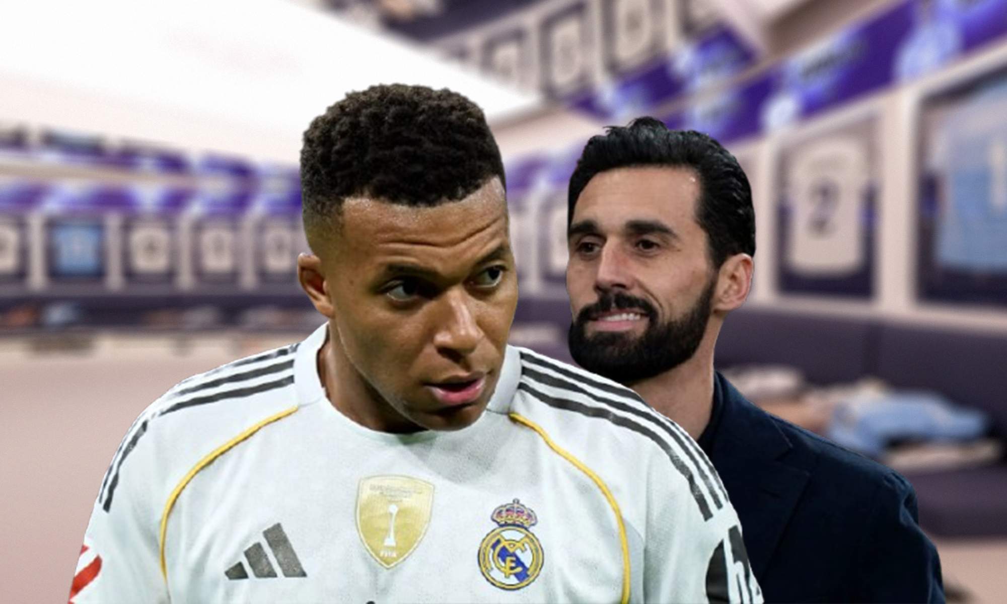 Kylian Mbappé y Álvaro Arbeloa en el vestuario del Santiago Bernabéu. 