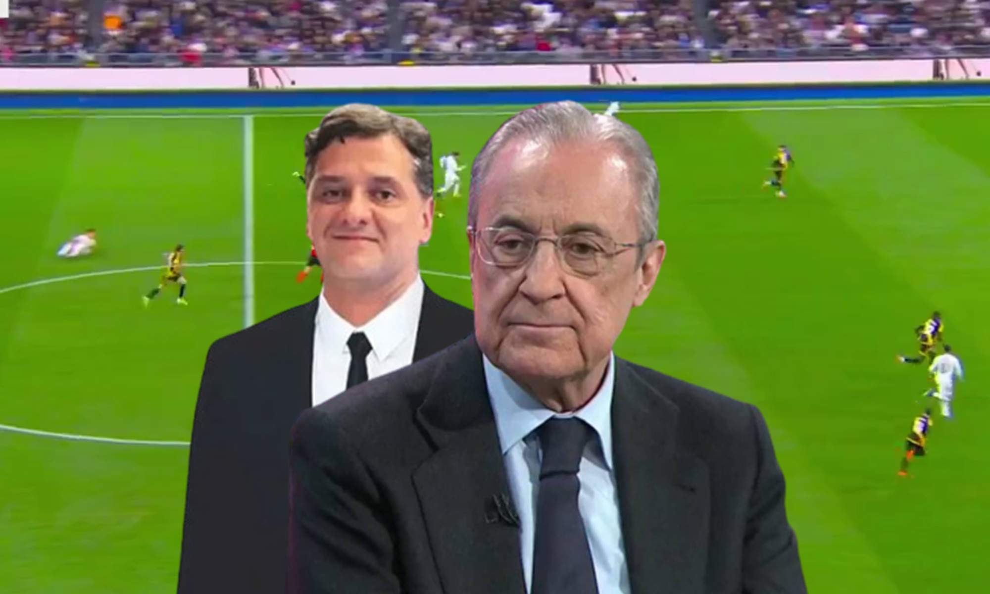 Florentino Pérez, Juni Calafat y una captura del Real Madrid - Rayo Vallecano.