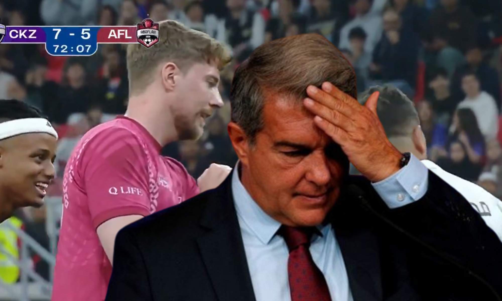 Joan Laporta preocupado y Mr Beast sobornando a un portero.