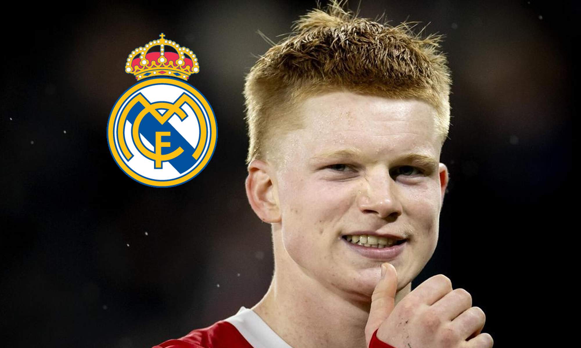 Kees Smit jugando un partido y el escudo del Real Madrid.